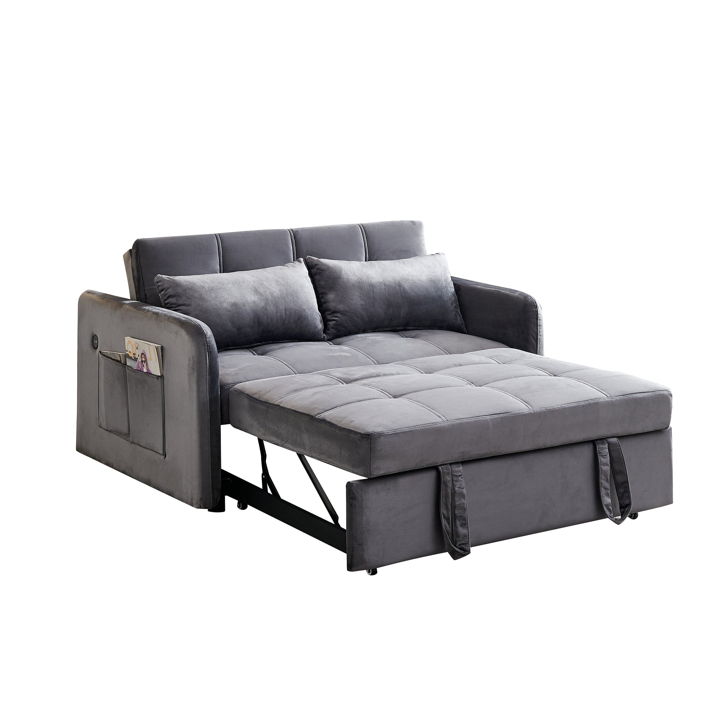 55.5" Twins Pull Out Sofa Bed  Grey Velvet