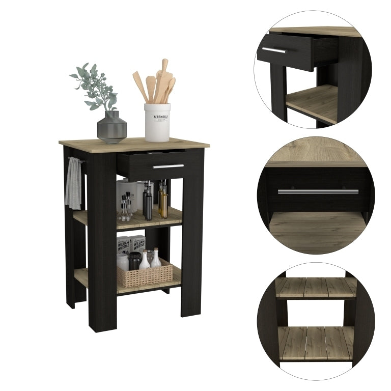 Kitchen Island 23 Inches Dozza with Single Drawer and Two-Tier Shelves, Black Wengue / Light Oak Finish