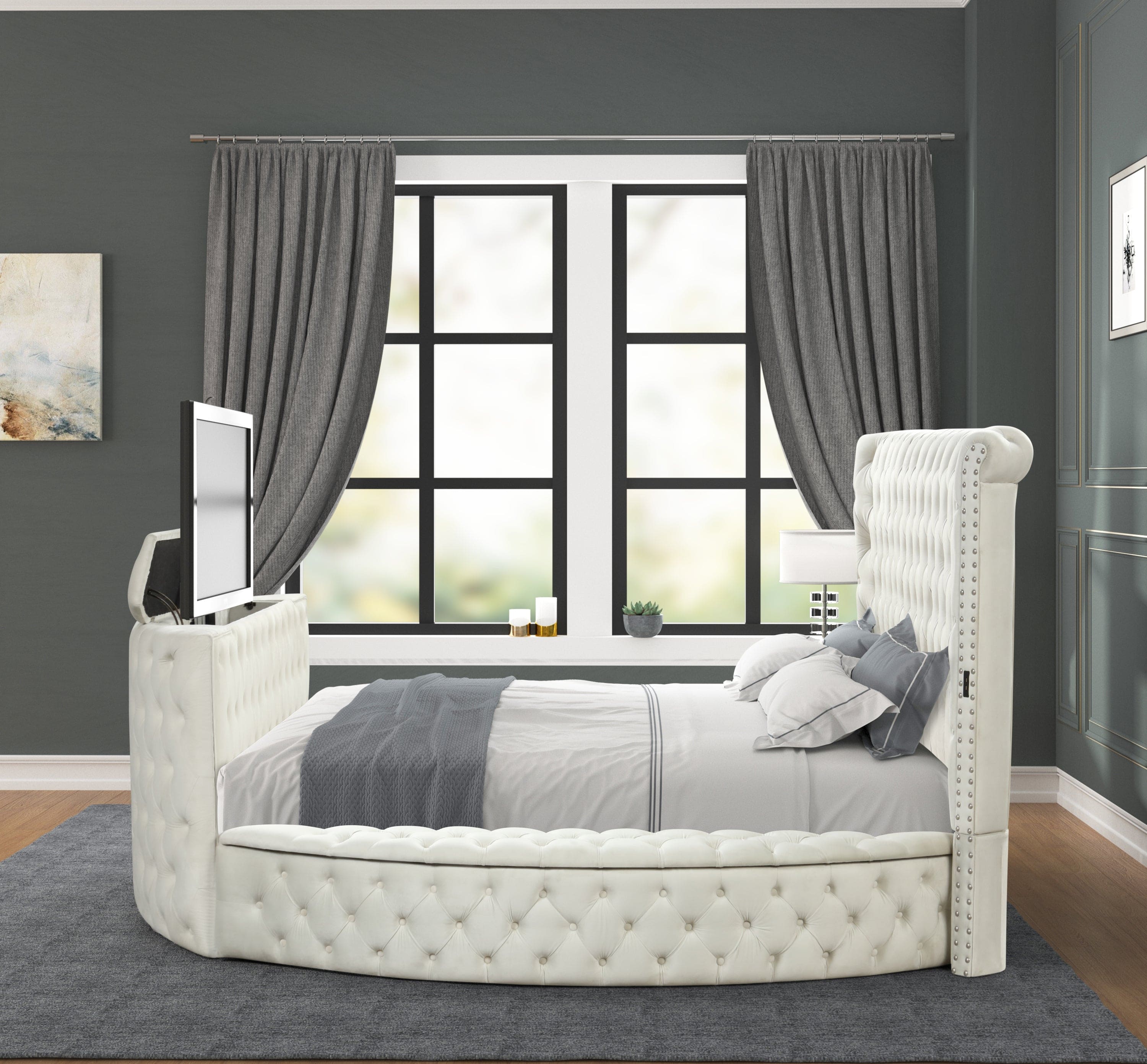 Maya Modern Style Crystal Tufted Queen Bed  Made with wood in Cream