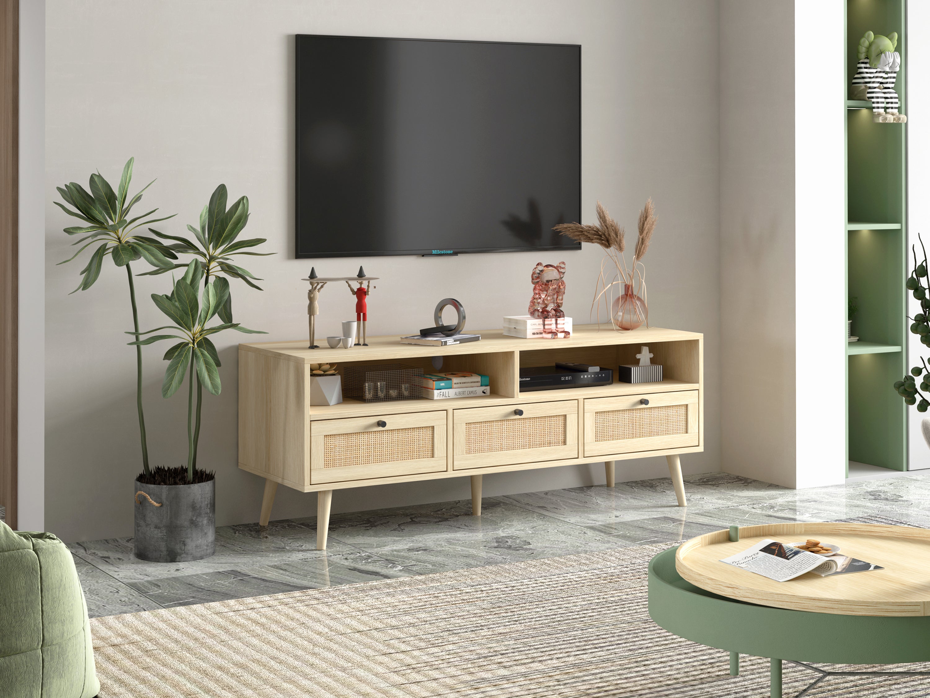 Rattan TV Stand with Solid Wood Feet, TV Console Table for Living Room, Natural