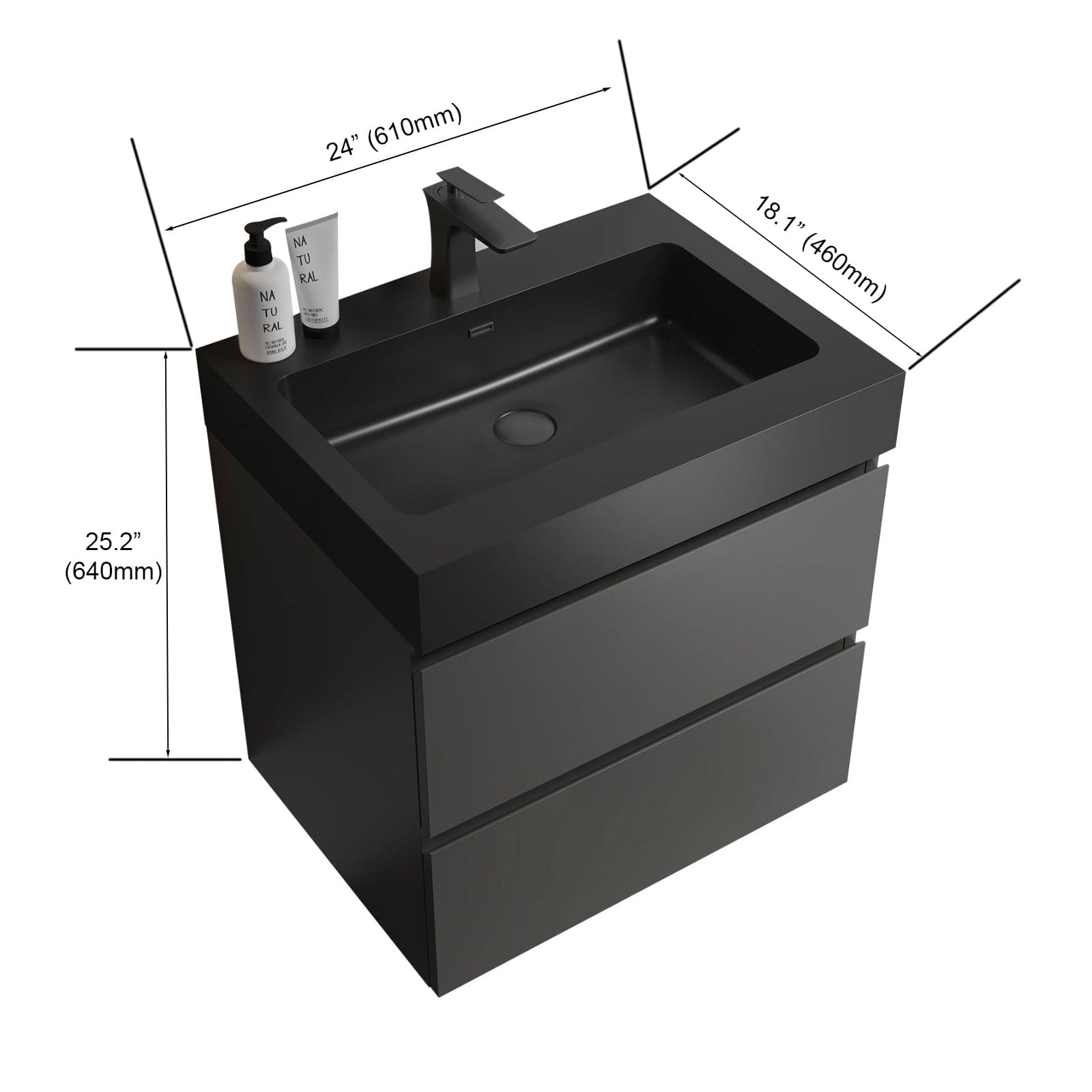 Alice 24" Gray Bathroom Vanity with Sink, Large Storage Wall Mounted Floating Bathroom Vanity for Modern Bathroom, One-Piece Black Sink Basin without Drain and Faucet