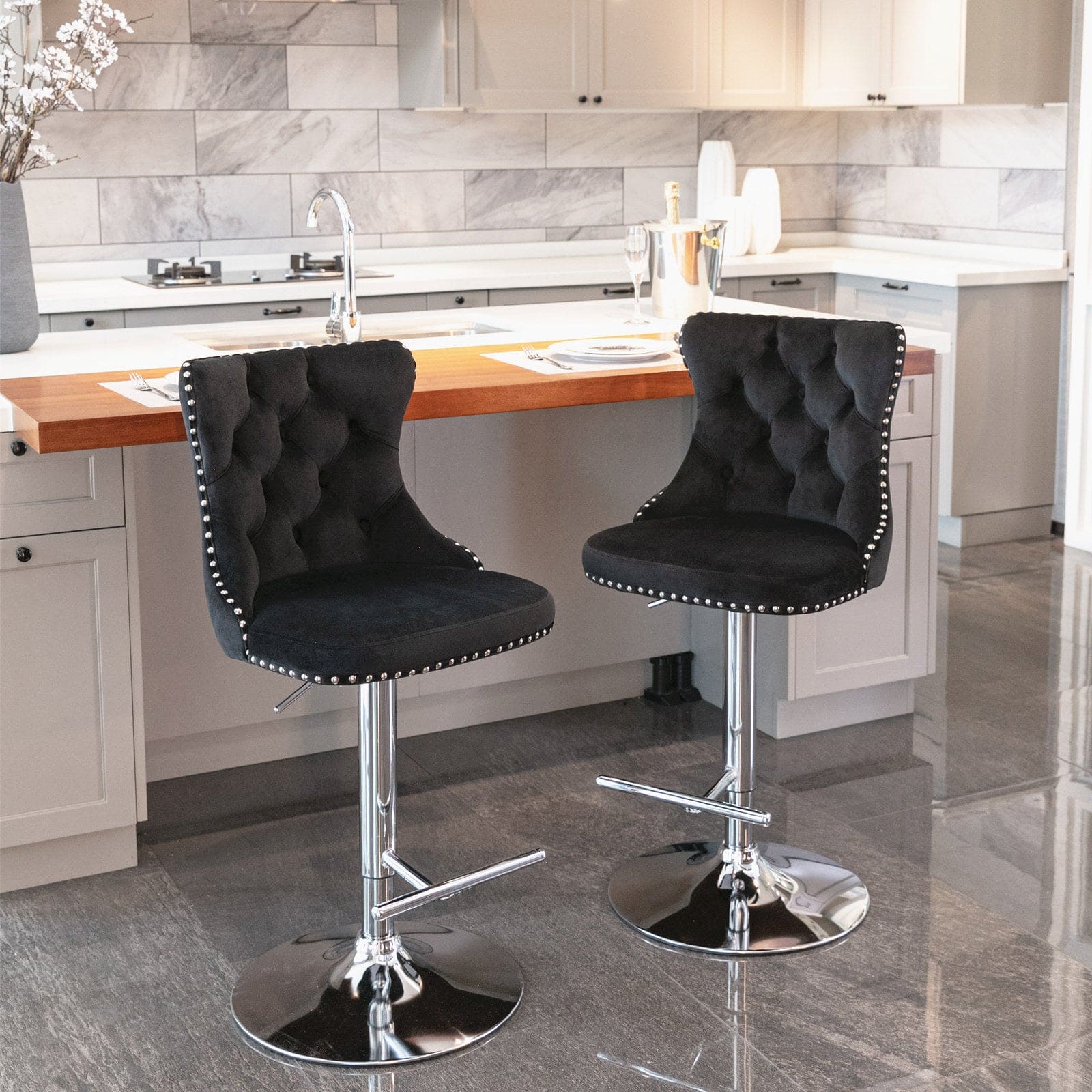 A&A Furniture,Swivel Velvet Barstools Black,Set of 2