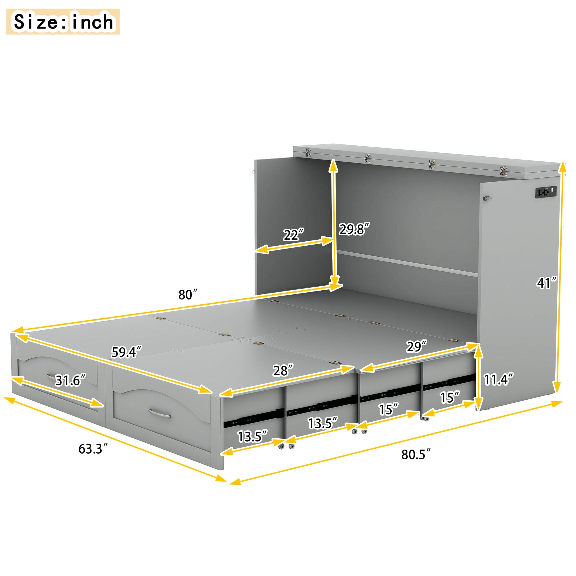 Queen Size Murphy Bed Wall Bed with drawer and a set of Sockets & USB Ports, Pulley Structure Design, Gray