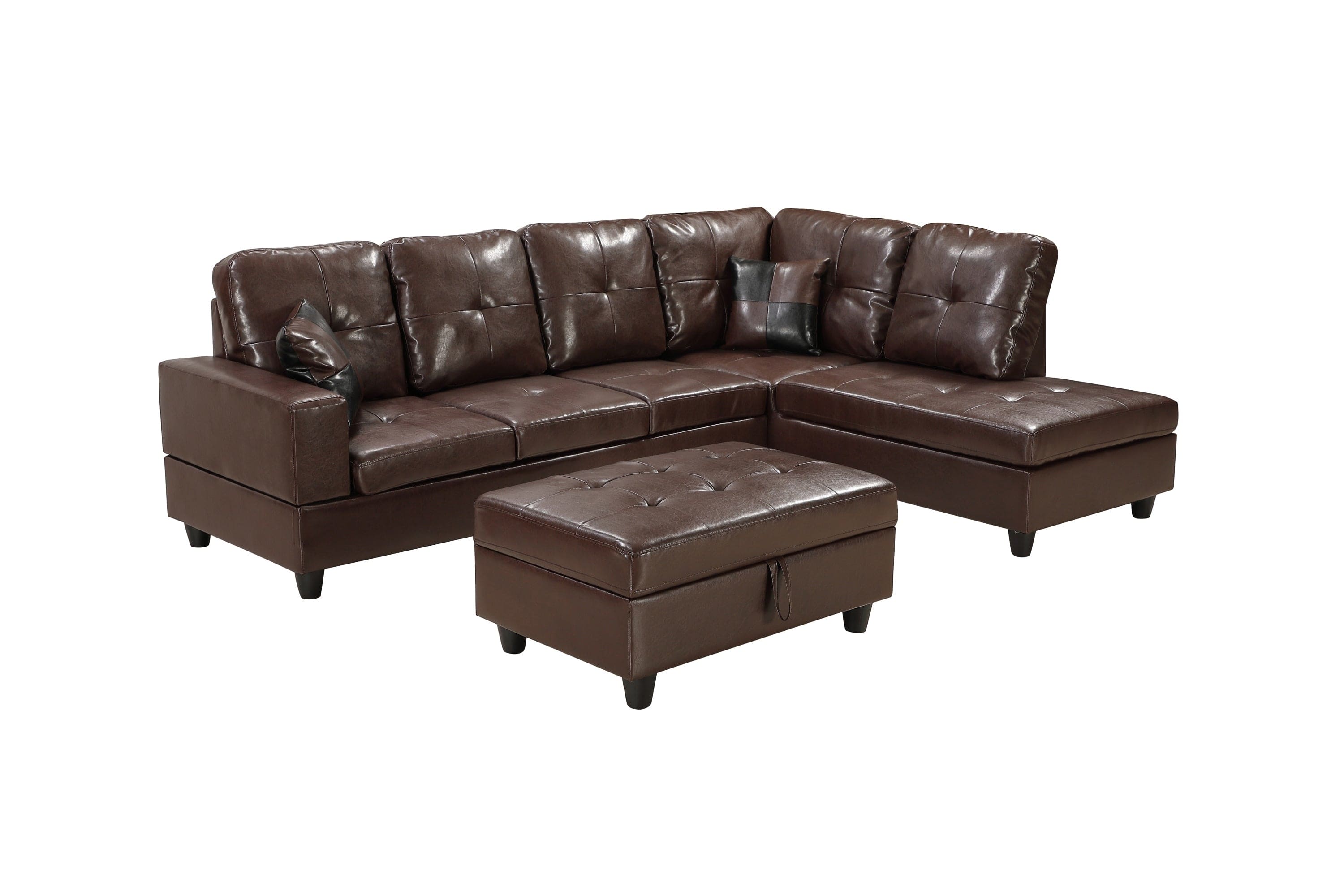 3 PC Sectional Sofa Set, (Brown) Faux Leather left -Facing Chaise with Free Storage Ottoman