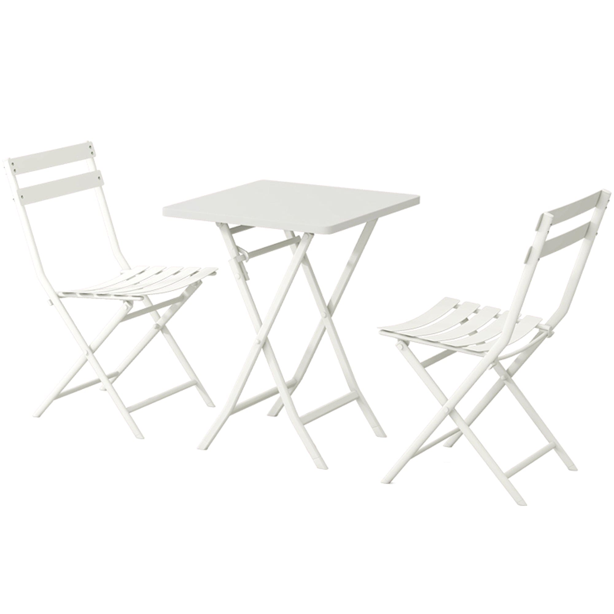 3 Piece Patio Bistro Set of Foldable Square Table and Chairs, White