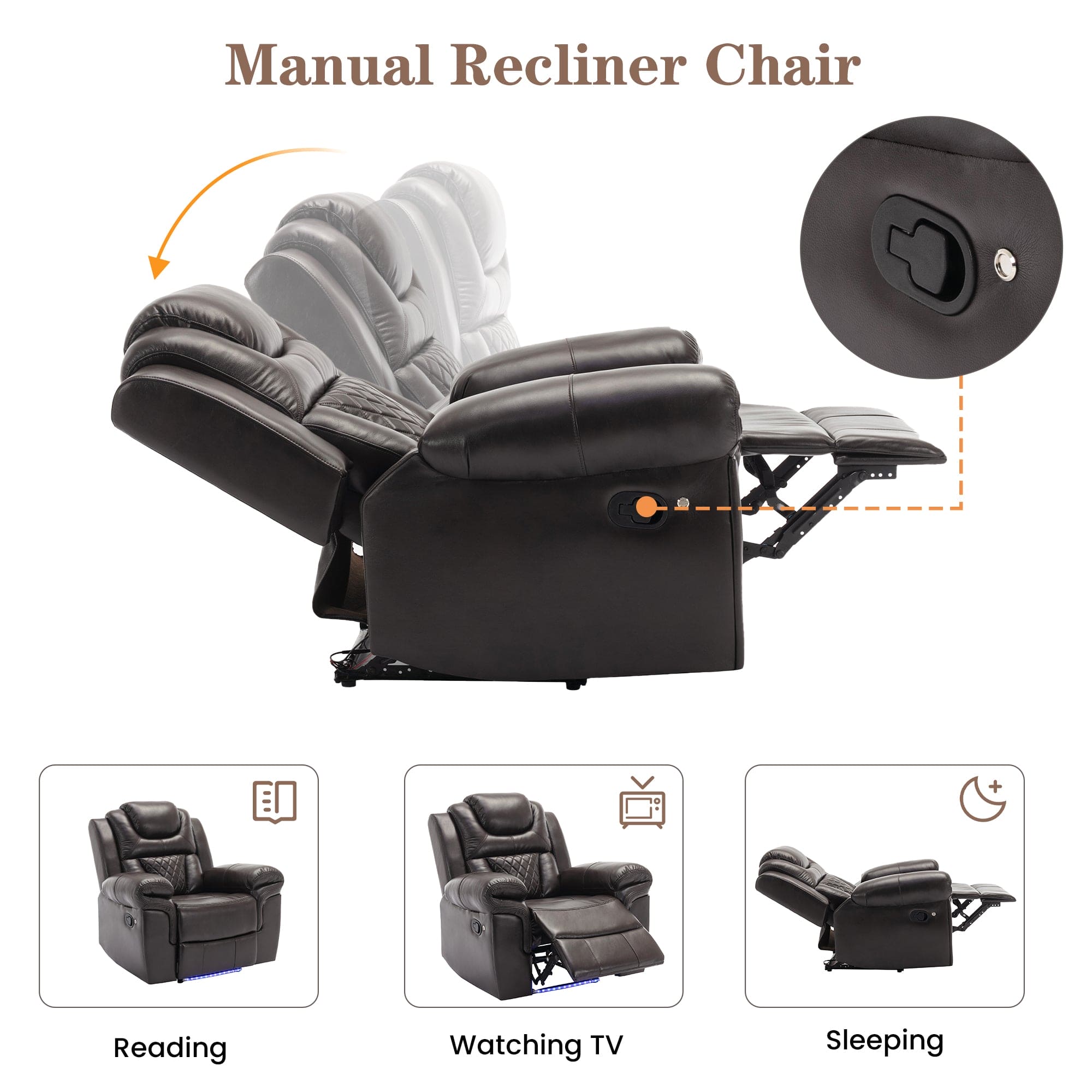 Home Theater Seating Manual Recliner Loveseat with Hide-Away Storage, Cup Holders and LED Light Strip for Living Room, Brown