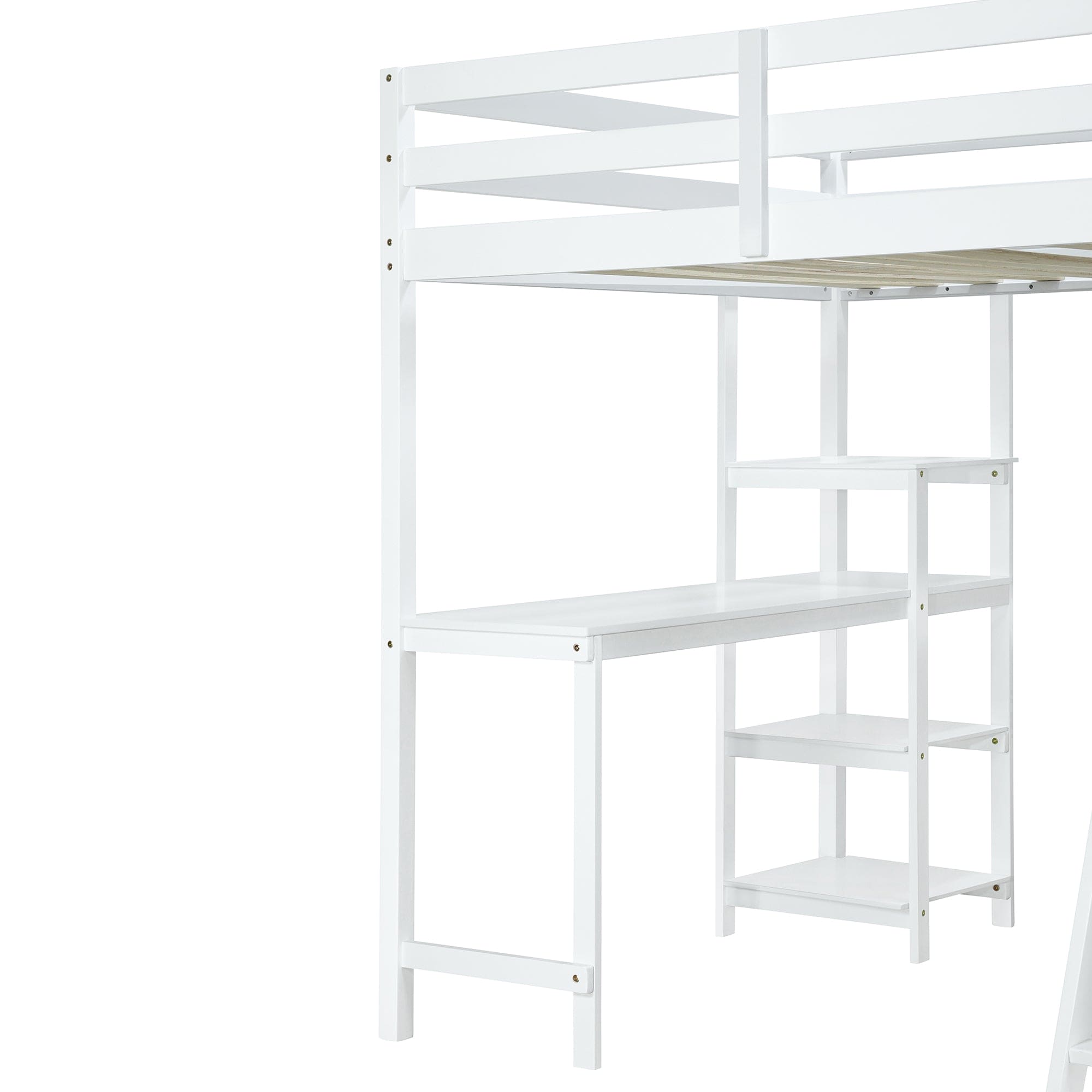 Full Size Loft Bed with Wardrobe and Desk and Shelves, White