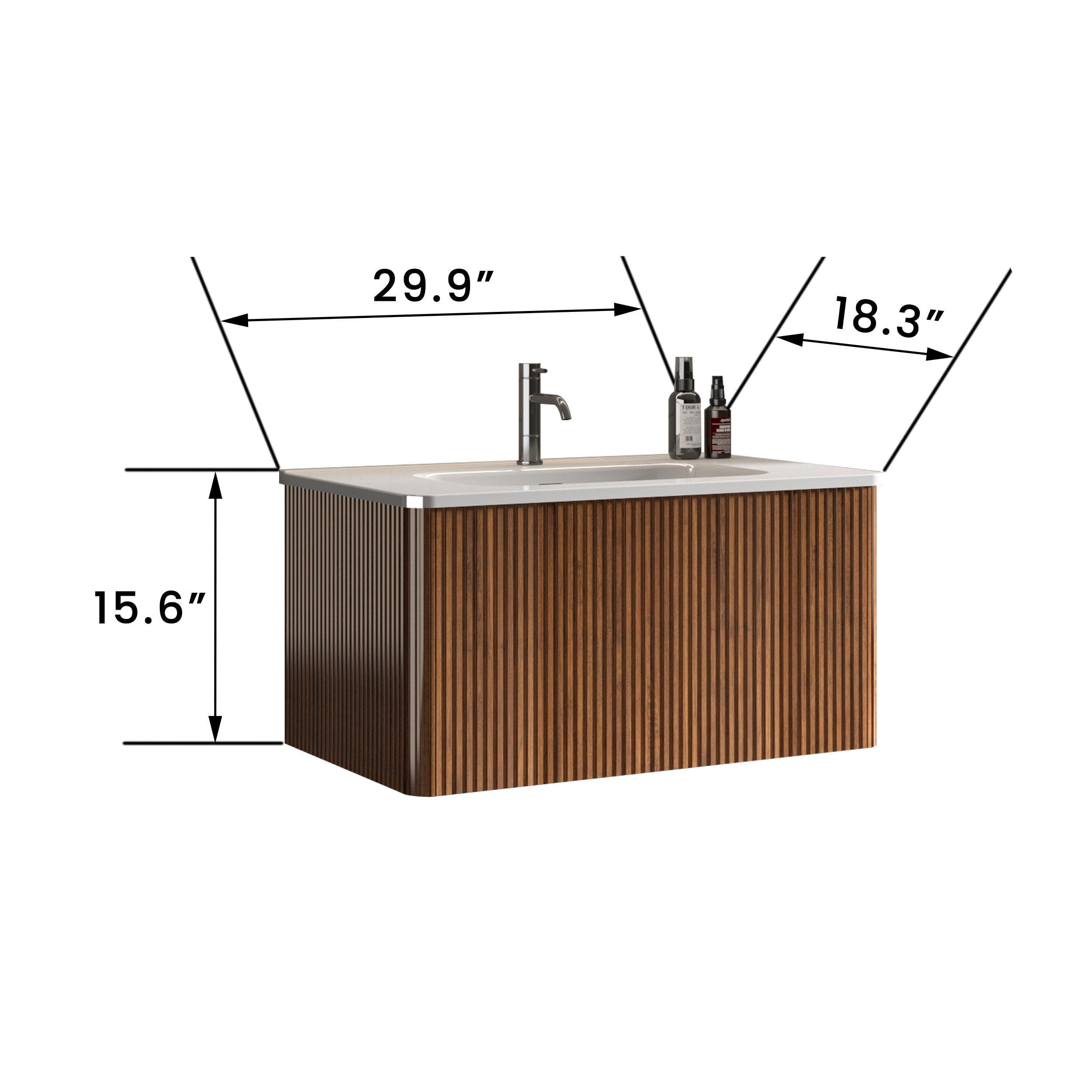 U047-Etna30W-305 Etna 30" Striped Walnut Bathroom Vanity with White Ceramic Sink, Wall Mounted Floating Bathroom Vanity for Modern Bathroom, One-Piece White Basin without Drain and Faucet