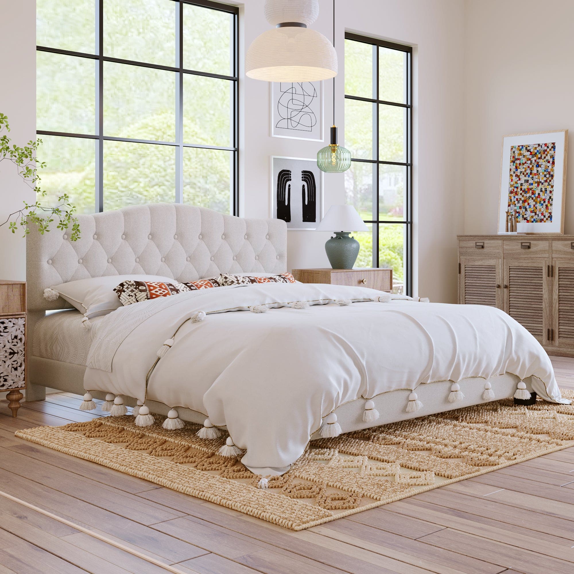 Upholstered Platform Bed with Saddle Curved Headboard and Diamond Tufted Details, King, Beige