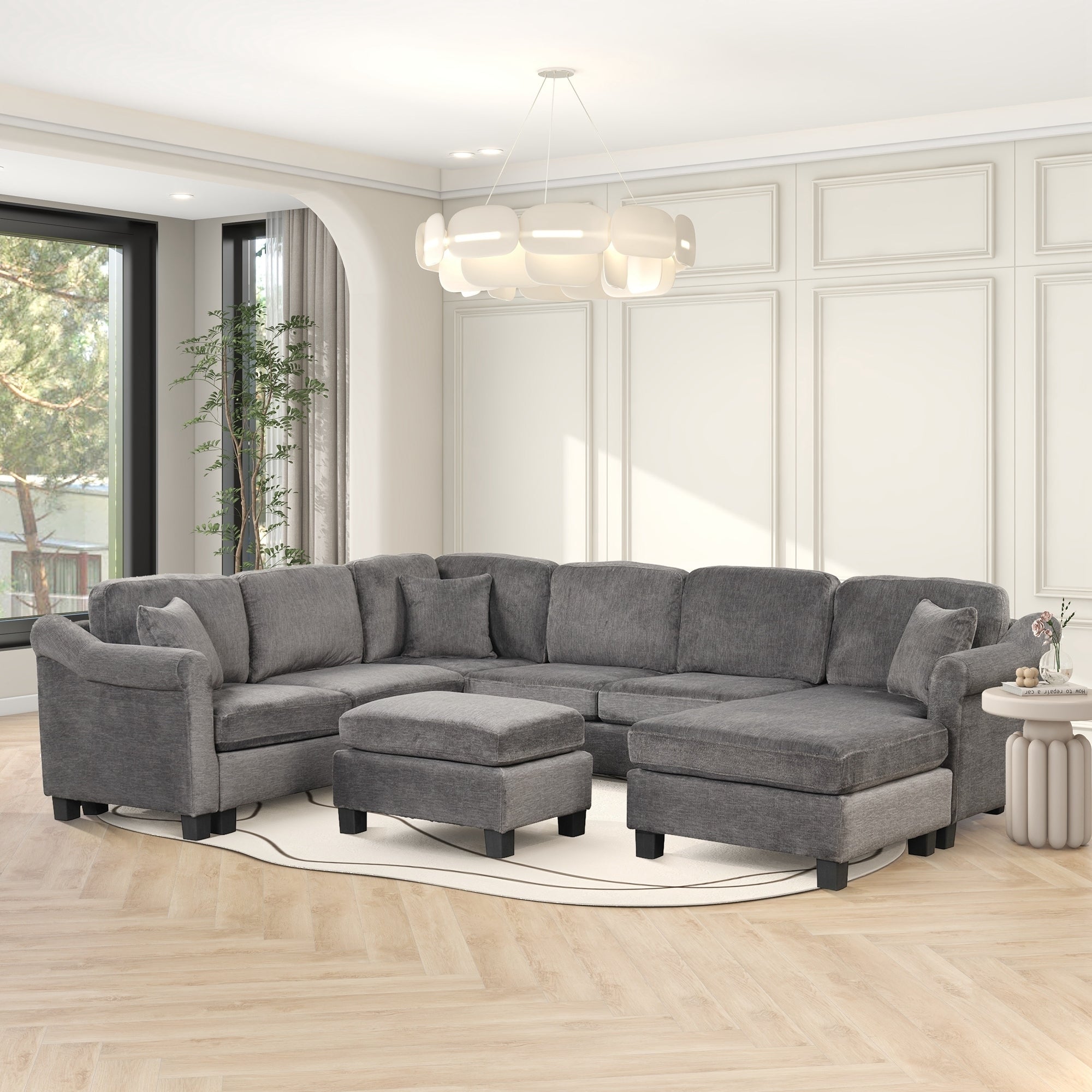 122.1" *91.3"  4pcs Sectional Sofa with Ottoman with Right Side Chaise velvet fabric Dark Gray