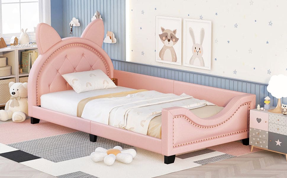 Twin Size Upholstered Daybed with Carton Ears Shaped Headboard, Pink