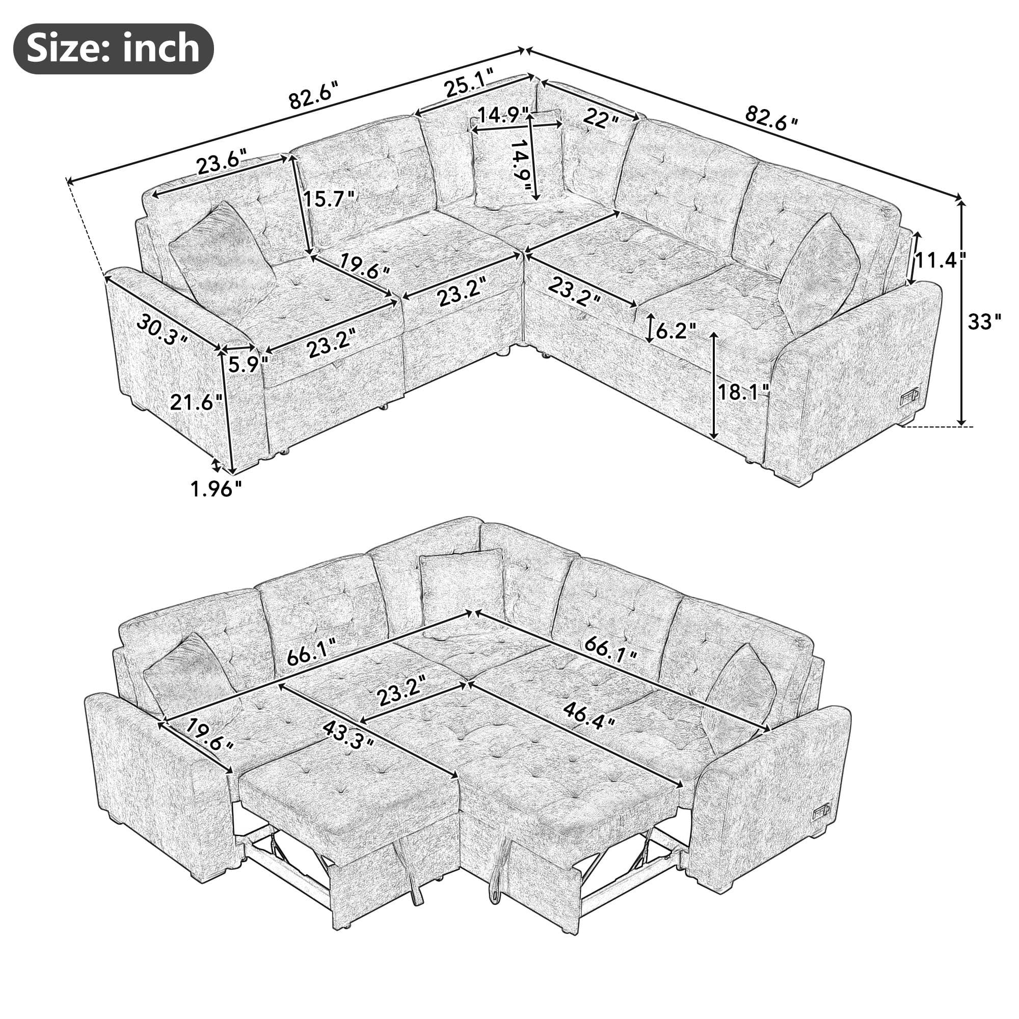 82.6" L-shape Sofa Bed Pull-out Sleeper Sofa with Wheels, USB Ports, Power Sockets for Living Room, Navy Blue