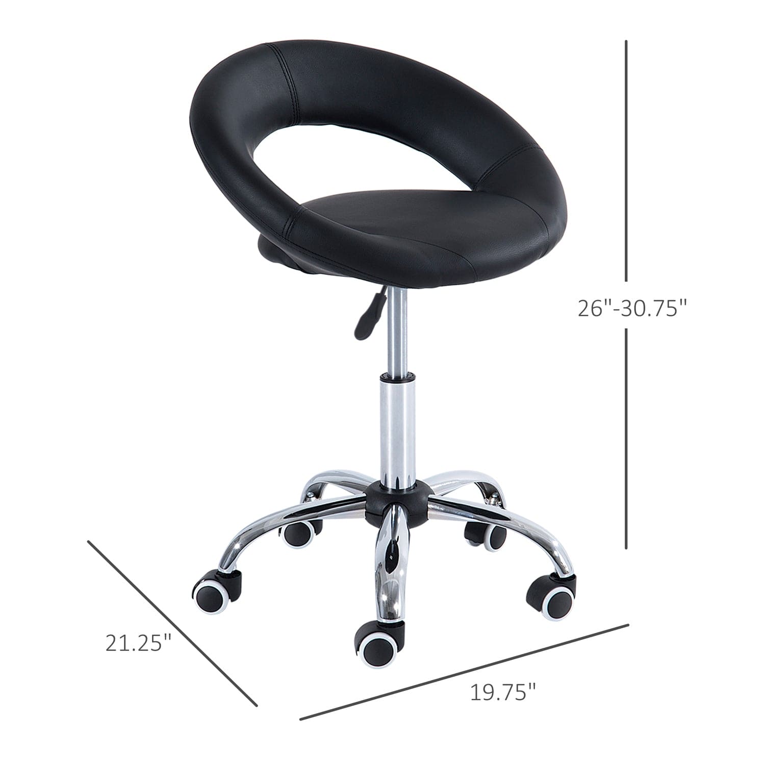 HOMCOM Crescent Rolling Salon Stool with Adjustable Height, Breathable Open Back, Foam Cushion Seat, and 5 Caster Wheels, Black