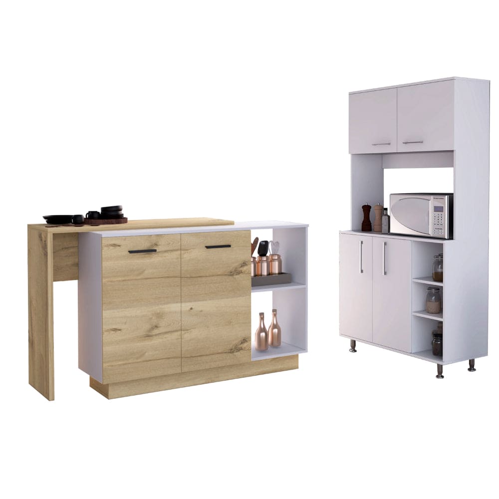 Dorchester 6-Shelf 6-Door 2-piece Kitchen Set, Kitchen Island and Pantry Cabinet White and Light Oak