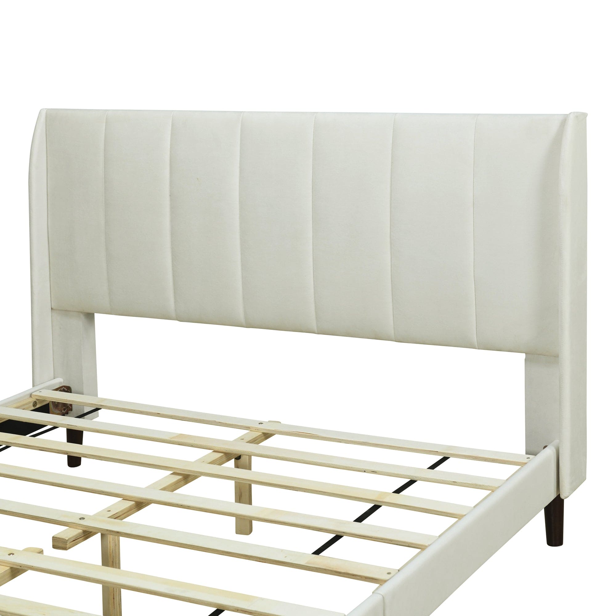 Queen Size Upholstered Platform Bed, Velvet, Beige