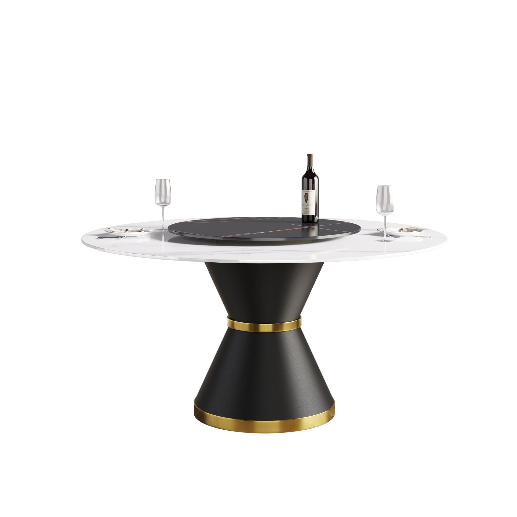 59.05"Modern artificial stone round black carbon steel base dining table-can accommodate 6 people-31.5"black artificial stone turntable