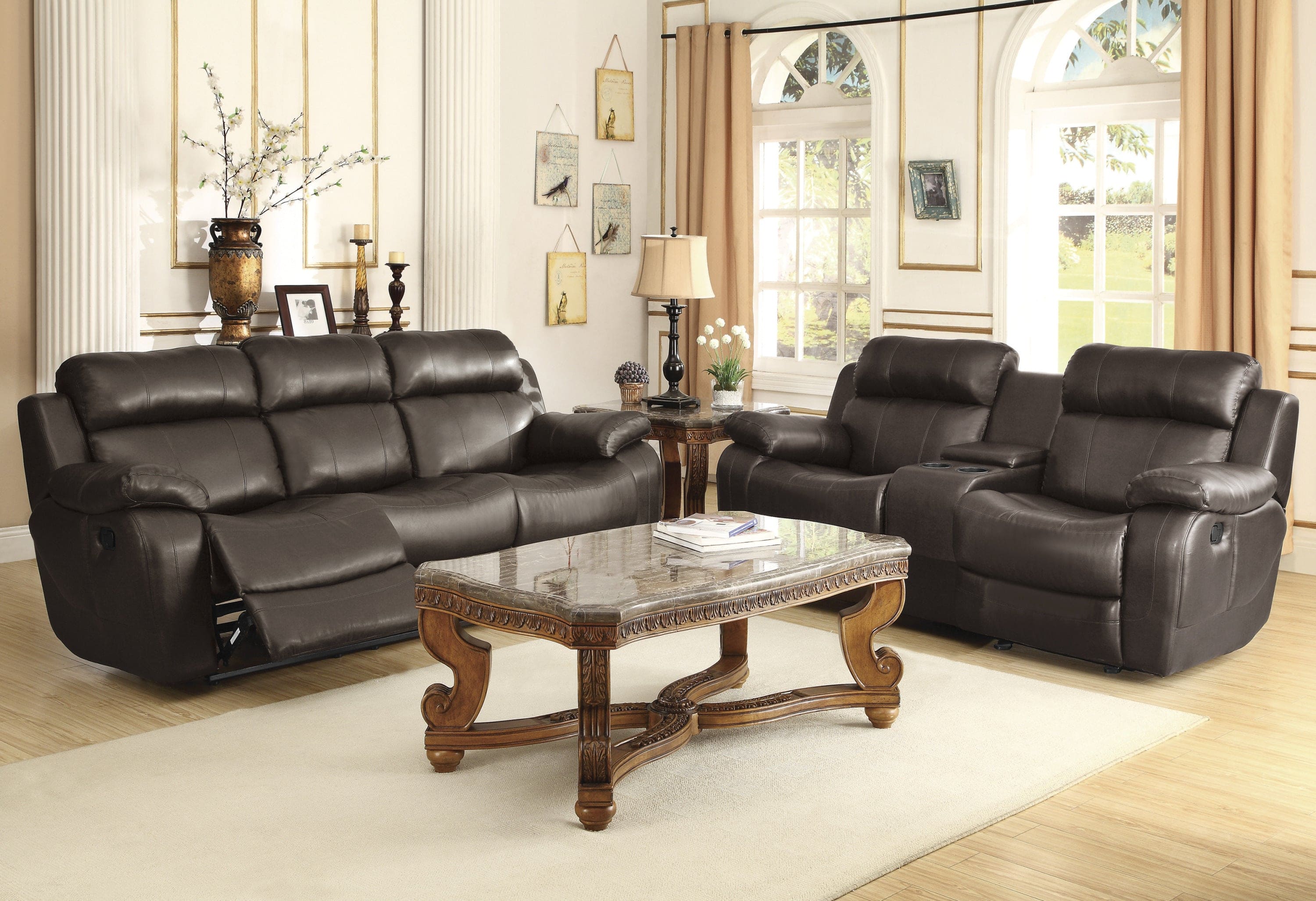 Contemporary Brown Faux Leather Upholstered 1pc Double Reclining Sofa w/ Center Drop-Down Cup Holder Living Room Furniture