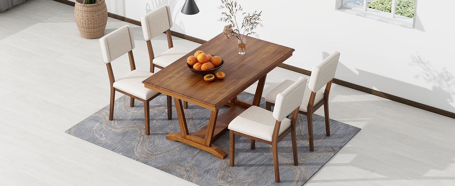 TOPMAX Rustic 5-piece Dining Table Set with 4 Upholstered Chairs, 59-inch Rectangular Dining Table with Trestle Table Base, Walnut