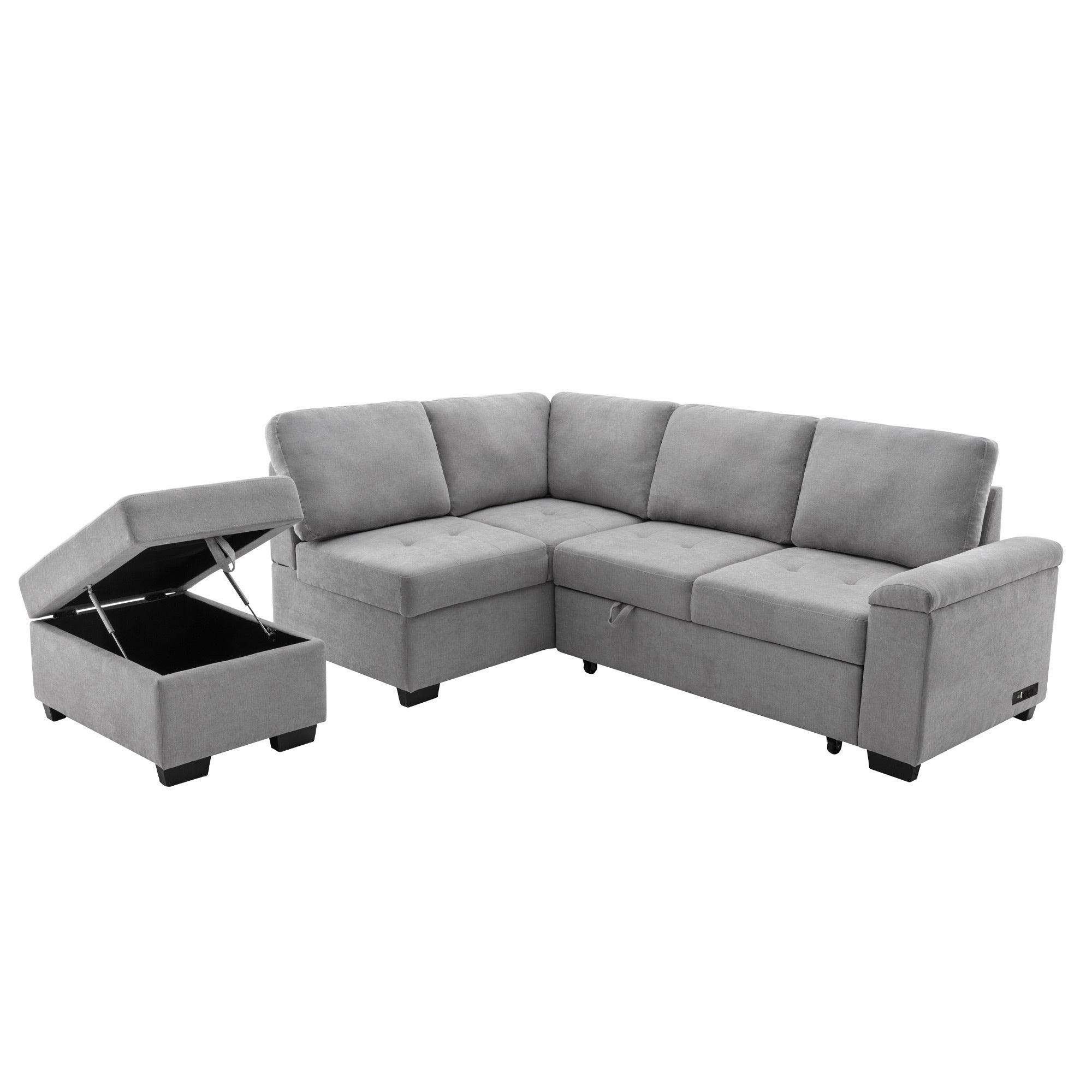 Sleeper Sectional Sofa, L-Shape Corner Couch Sofa-Bed with Storage Ottoman & Hidden Arm Storage & USB Charge  for Living Room Apartment, Gray