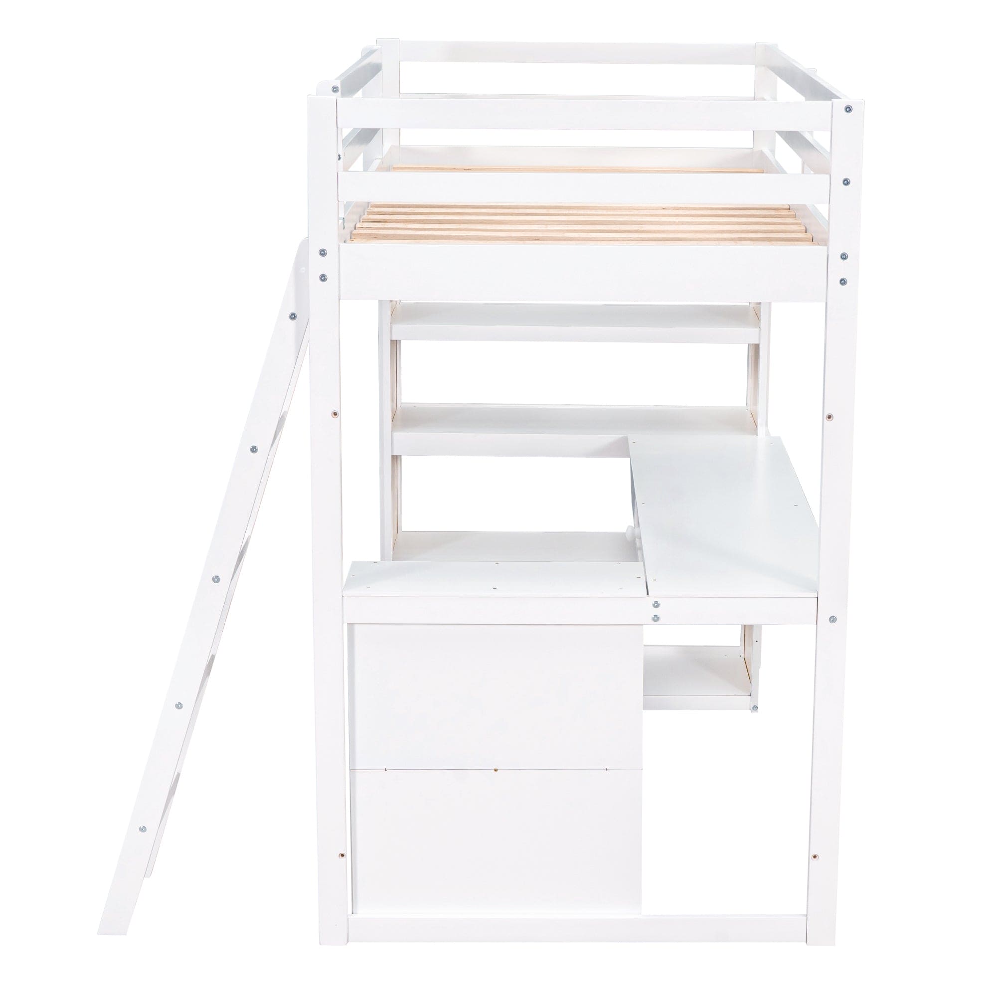 Twin Size Loft Bed with Ladder, Shelves, and Desk, White(OLD SKU:LT100225AAK)