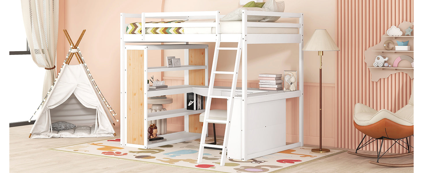 Full Size Loft Bed with Ladder, Shelves, and Desk, White(OLD SKU:LT000226AAK)