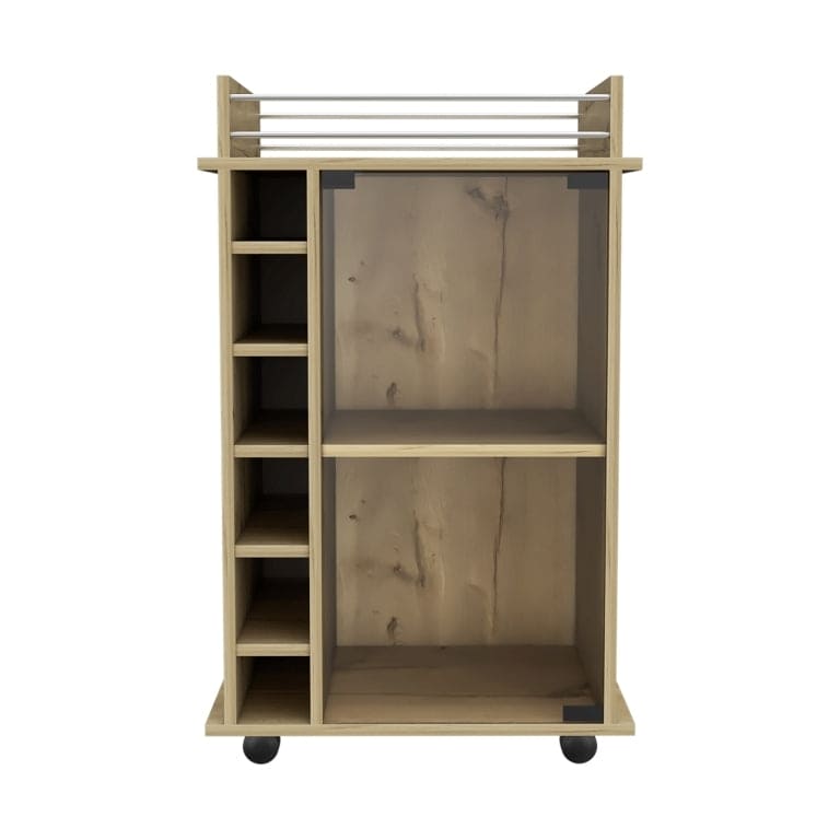 Bar Cart Baltimore, Two Tier Cabinet With Glass Door, Six Wine Cubbies, Light Oak Finish