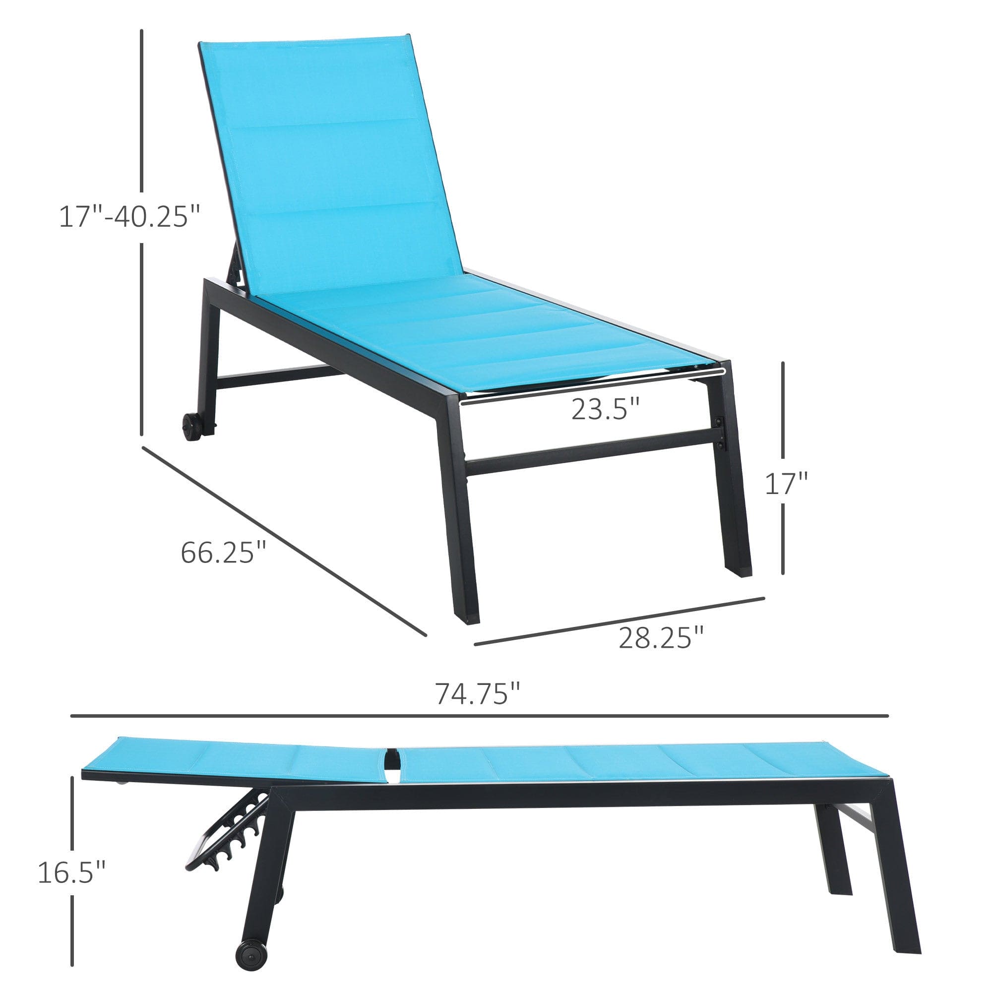 Outsunny Outdoor Chaise Lounge with Wheels, Five Position Recliner for Sunbathing, Suntanning, Steel Frame, Breathable Fabric for Beach, Yard, Patio, Blue