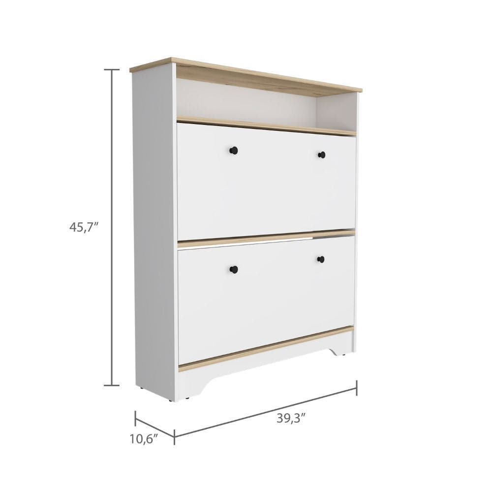 Shoe Rack Dublin, One Open Shelf, Two Extendable Cabinets, Light Oak / White Finish