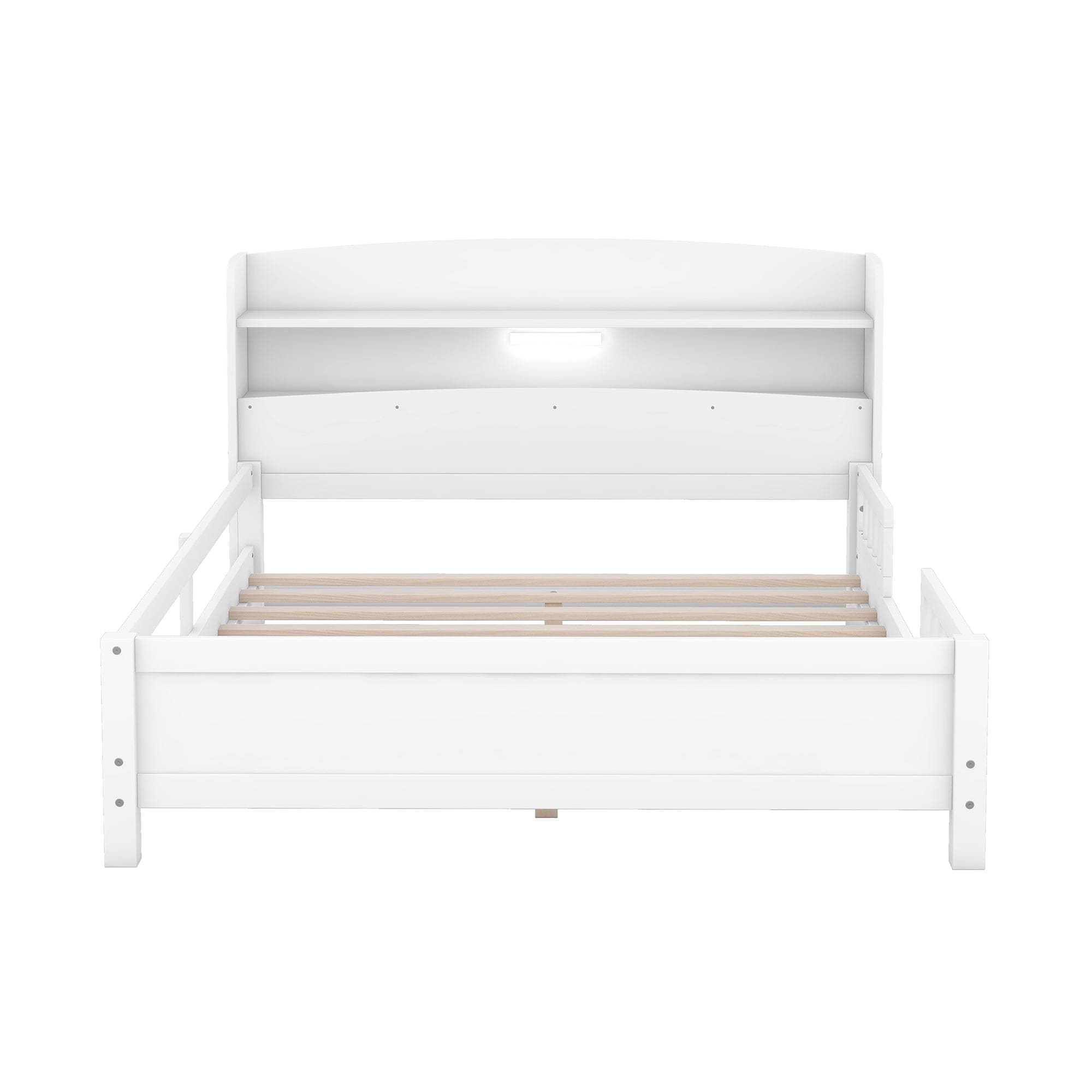 Wood Full Size Platform Bed with Built-in LED Light, Storage Headboard and Guardrail, White