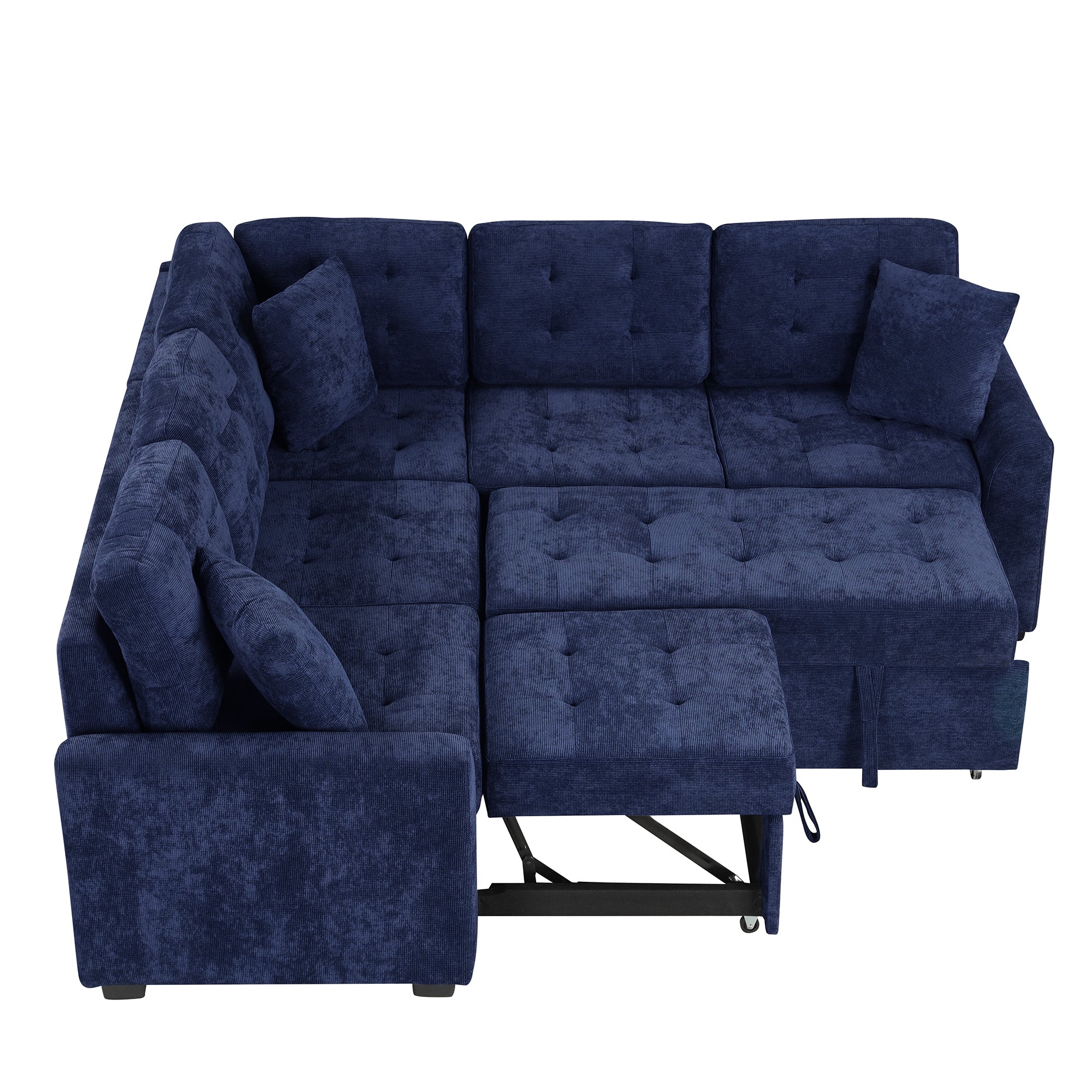 82.6" L-shape Sofa Bed Pull-out Sleeper Sofa with Wheels, USB Ports, Power Sockets for Living Room, Navy Blue