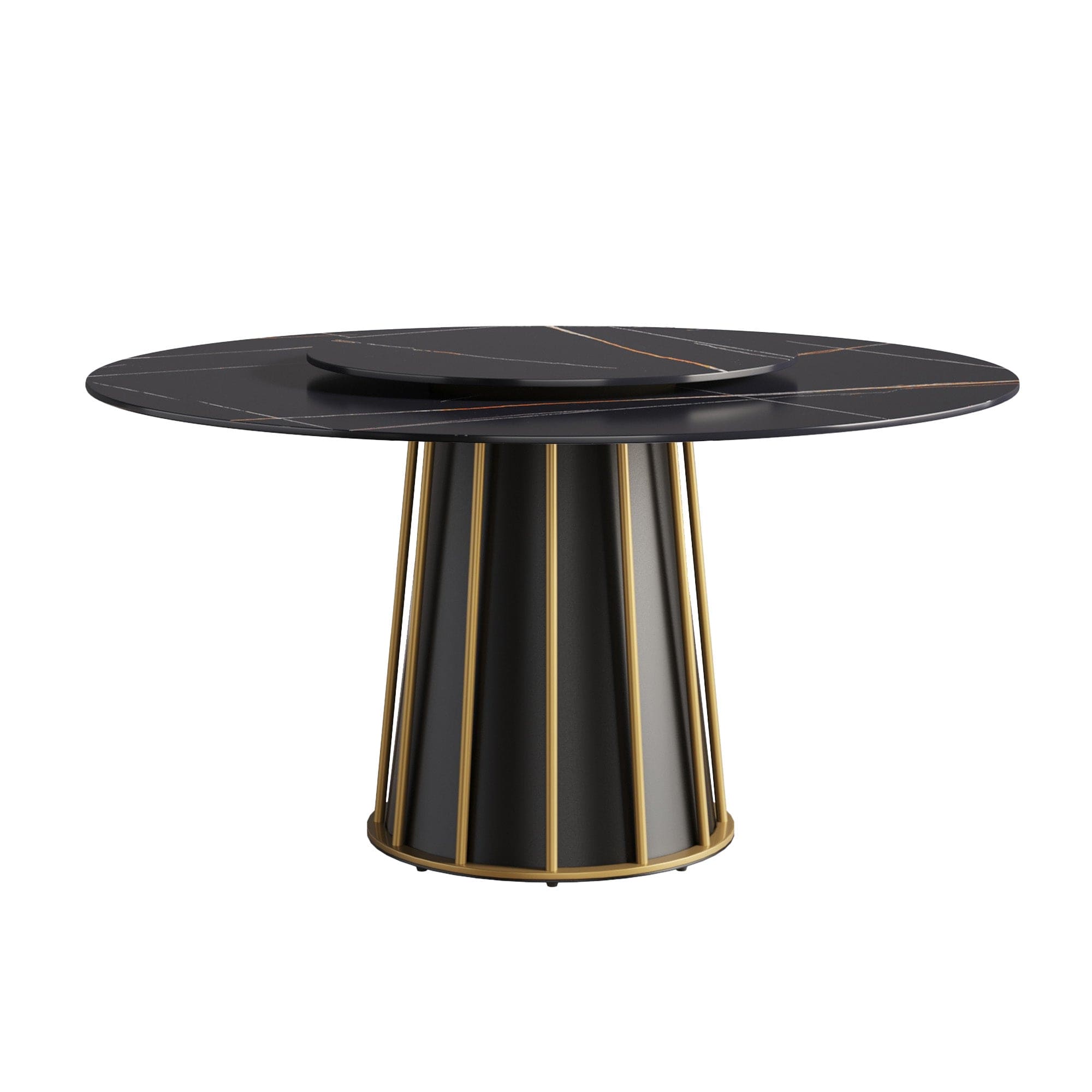 59.05"modern artificial stone round black metal iron base dining table-can accommodate 8 people-31.5"black artificial stone turntable(Not including chairs)