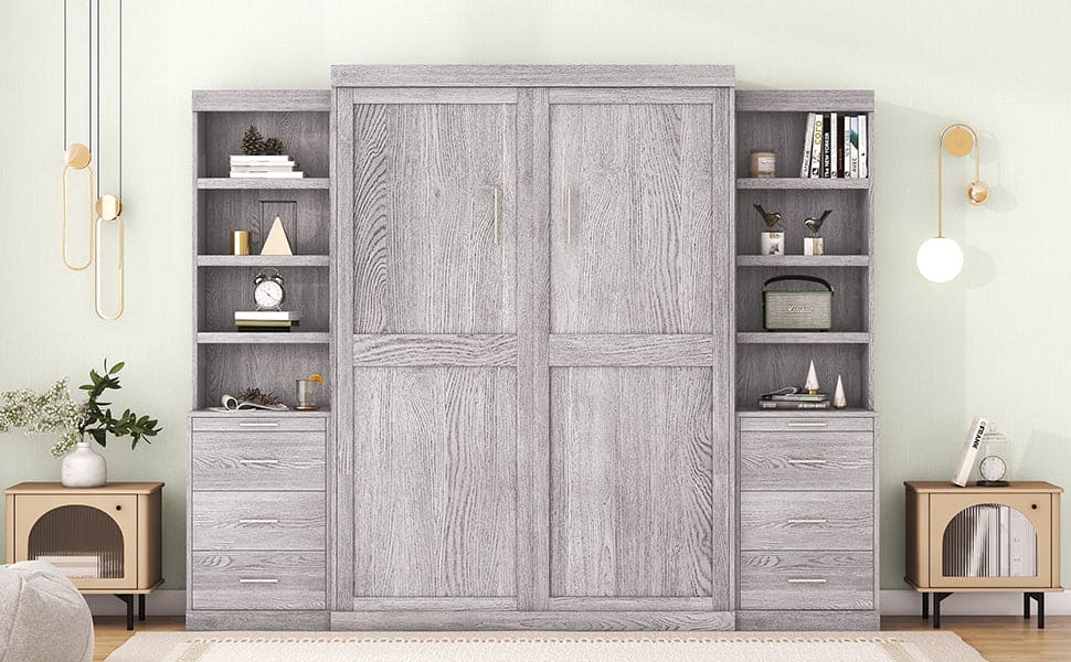 Full Size Murphy Bed with Storage Shelves and Drawers, Gray