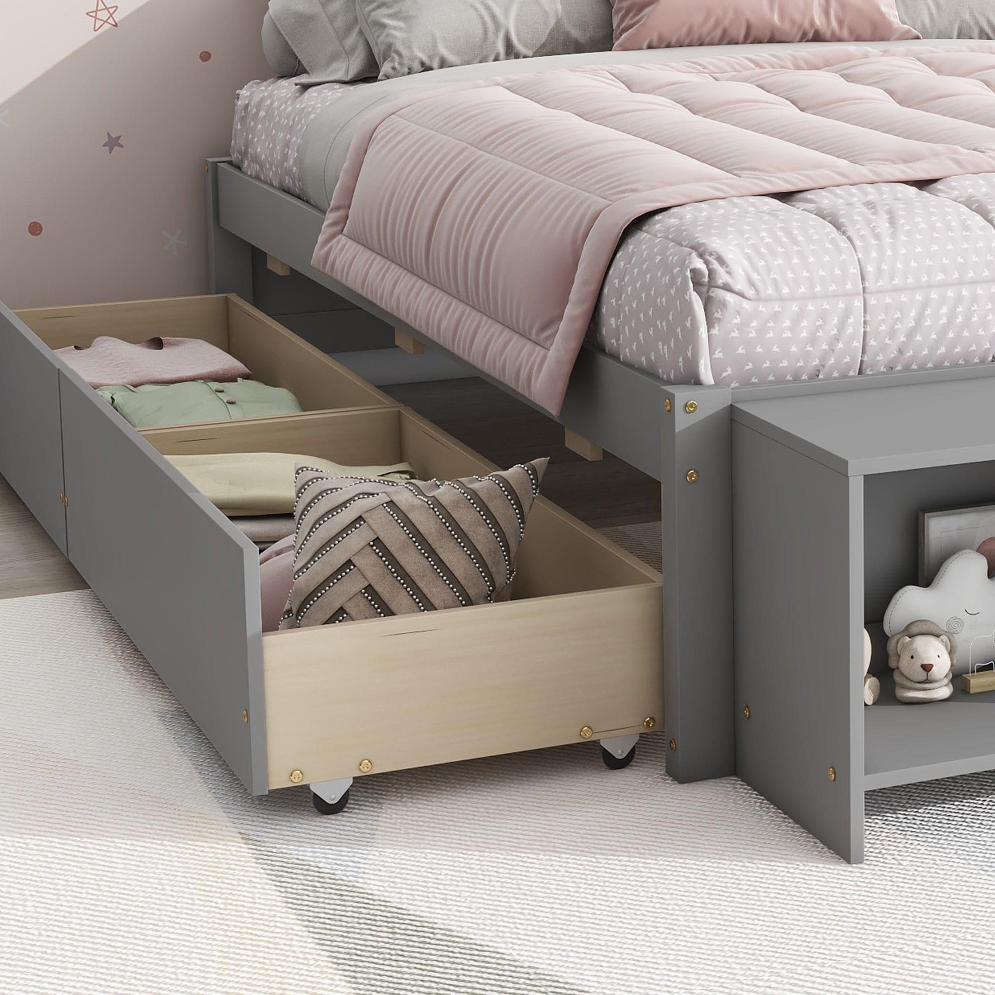 Full Size Bed with Storage Case, 2 Storage drawers, Lengthwise Support Slat,Grey