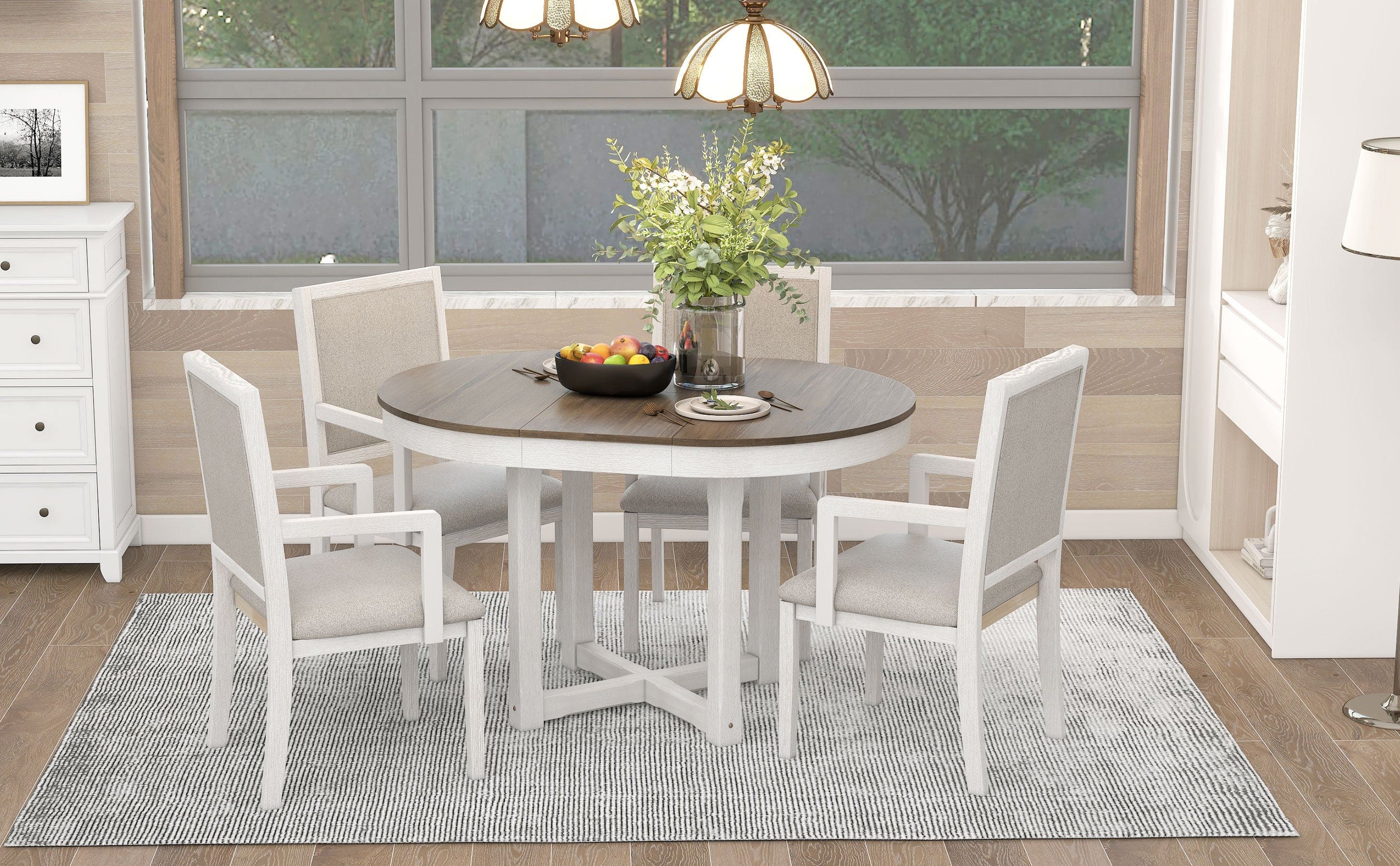 TREXM 5-Piece Dining Table Set, Two-Size Round To Oval Extendable Butterfly Leaf Wood Dining Table and 4 Upholstered Dining Chairs with Armrests (Brown+White)