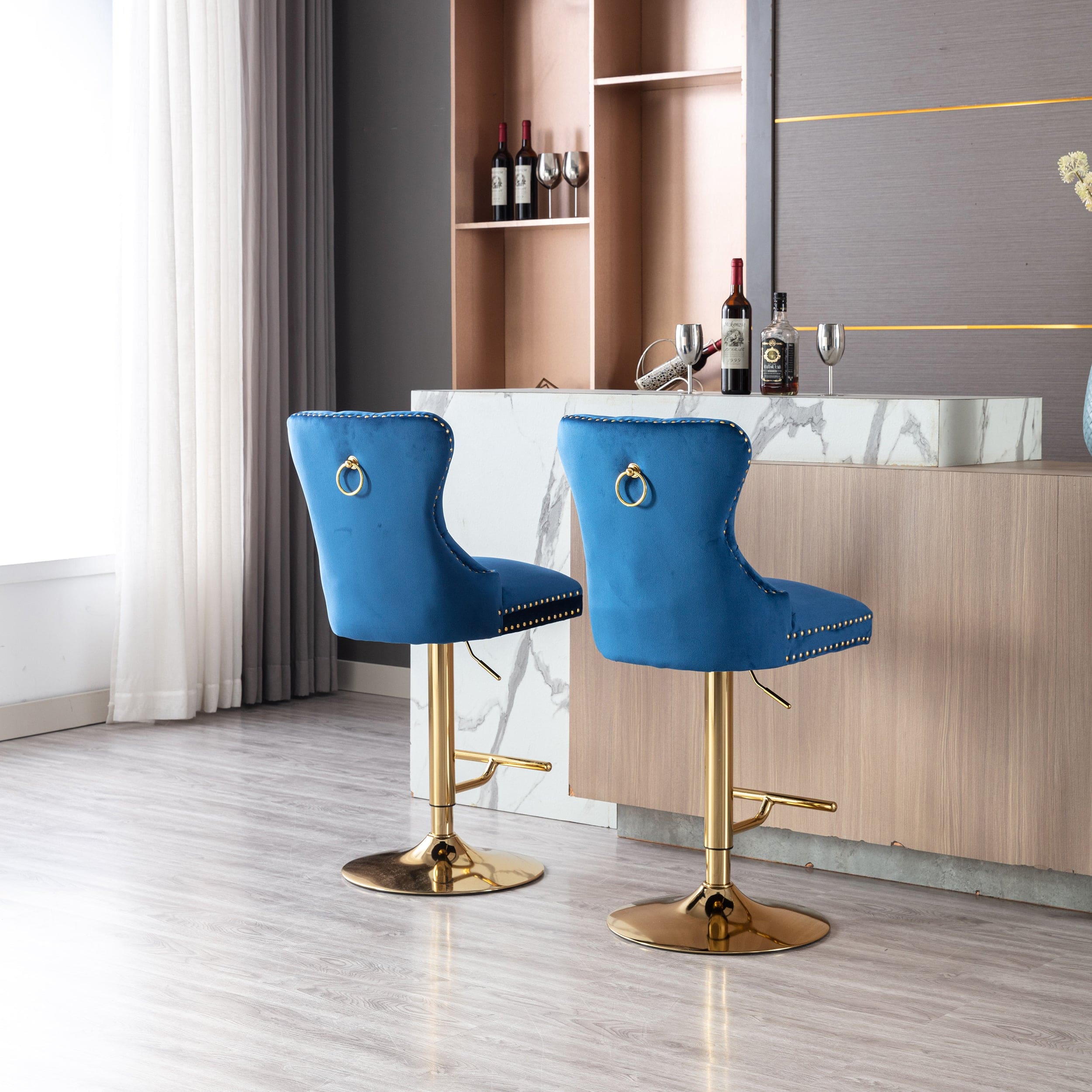 Swivel Bar Stools Chair Set of 2 Modern Adjustable Counter Height Bar Stools, Velvet Upholstered Stool with Tufted High Back & Ring Pull for Kitchen , Chrome Golden Base, Blue