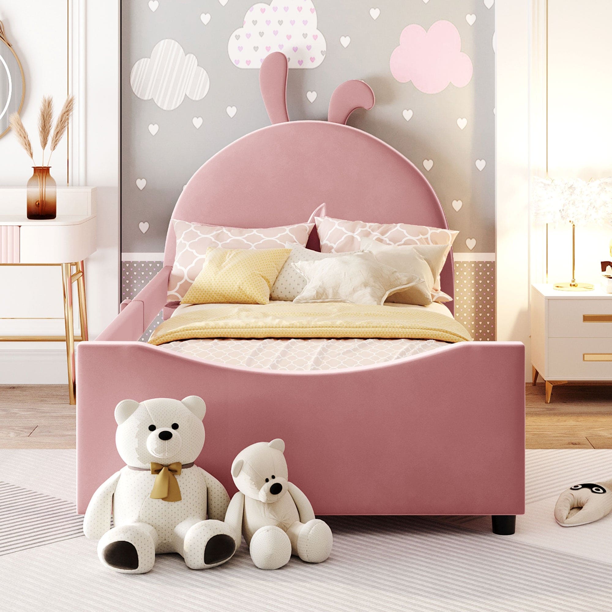 Twin Size Upholstered Daybed with Rabbit Ear Shaped Headboard, Pink