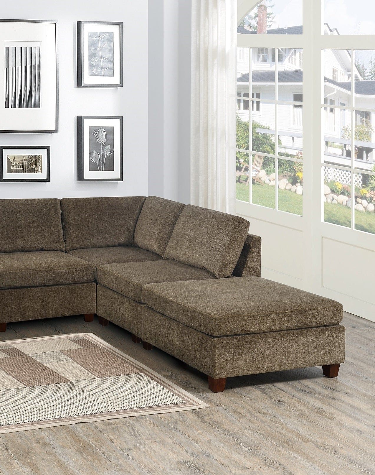 Living Room Furniture Tan Chenille Modular Sectional 7pc Set U-Sectional Modern Couch 2x Corner Wedge 3x Armless Chairs and 2x Ottoman Plywood