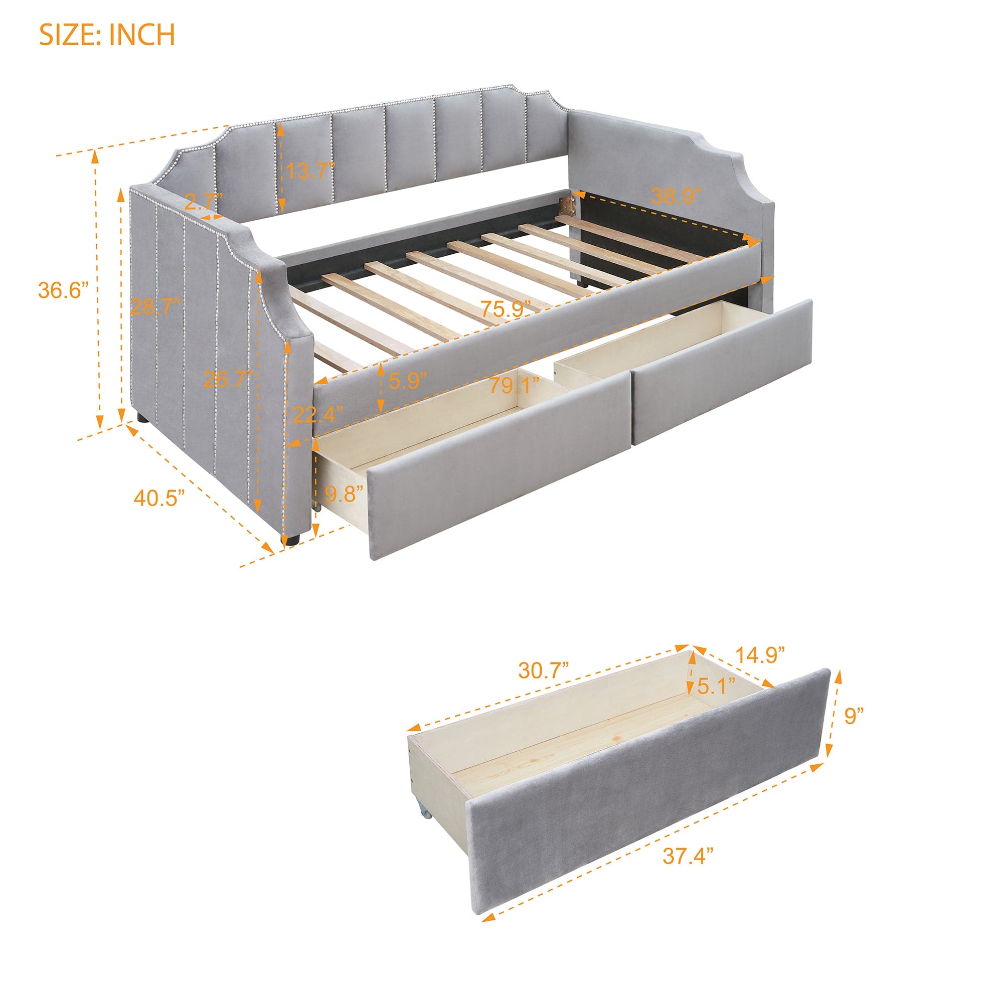 Twin Size Upholstered daybed with Drawers, Wood Slat Support, Gray