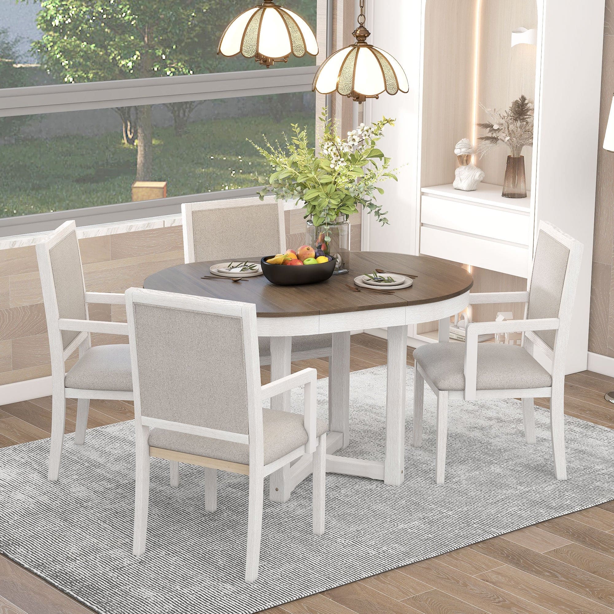 TREXM 5-Piece Dining Table Set, Two-Size Round To Oval Extendable Butterfly Leaf Wood Dining Table and 4 Upholstered Dining Chairs with Armrests (Brown+White)