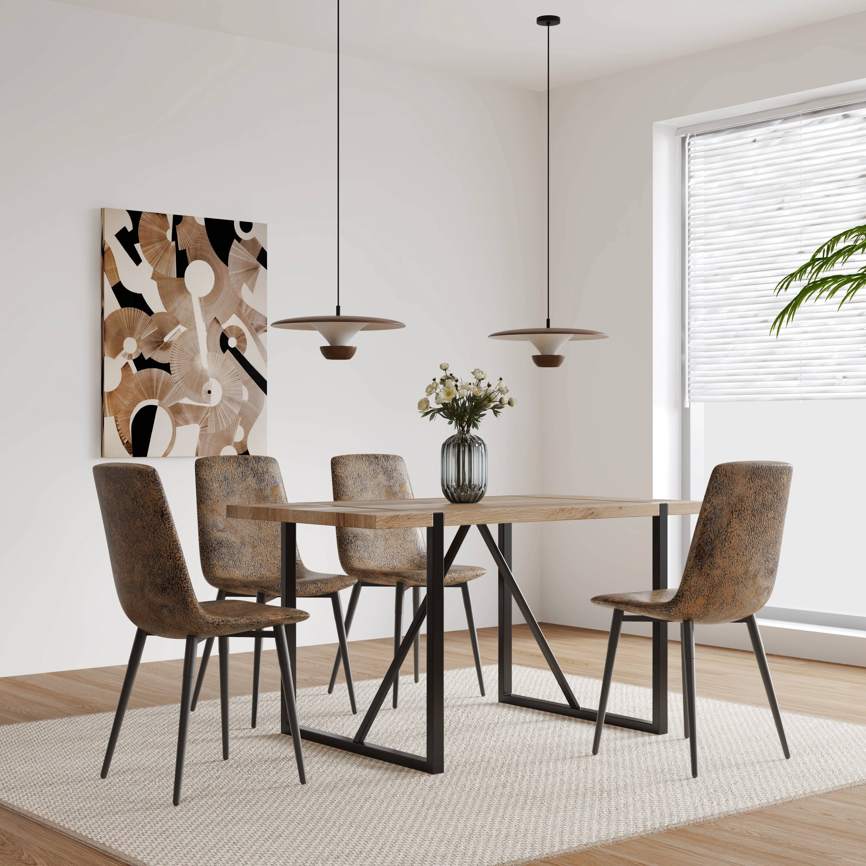 MDF Wood Colour Dining Table and Modern Dining Chairs Set of 4, Mid Century Wooden Kitchen Table Set, Metal Base & Legs, Dining Room Table and Suede Chairs