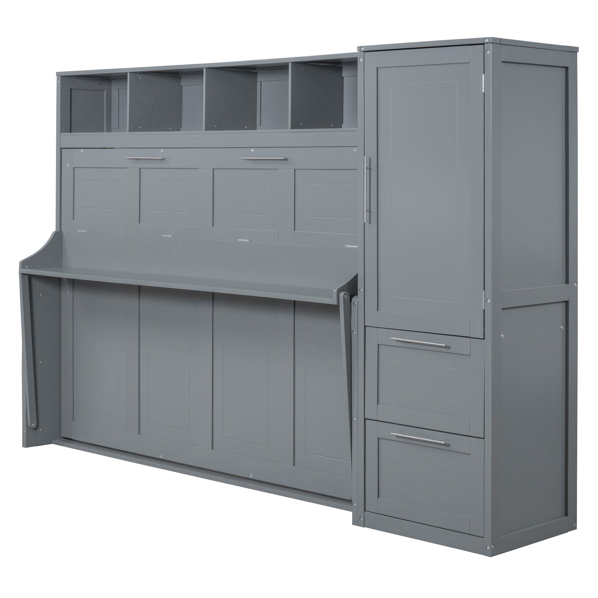 Queen Size Murphy Bed Wall Bed with Closet and Drawers,Gray