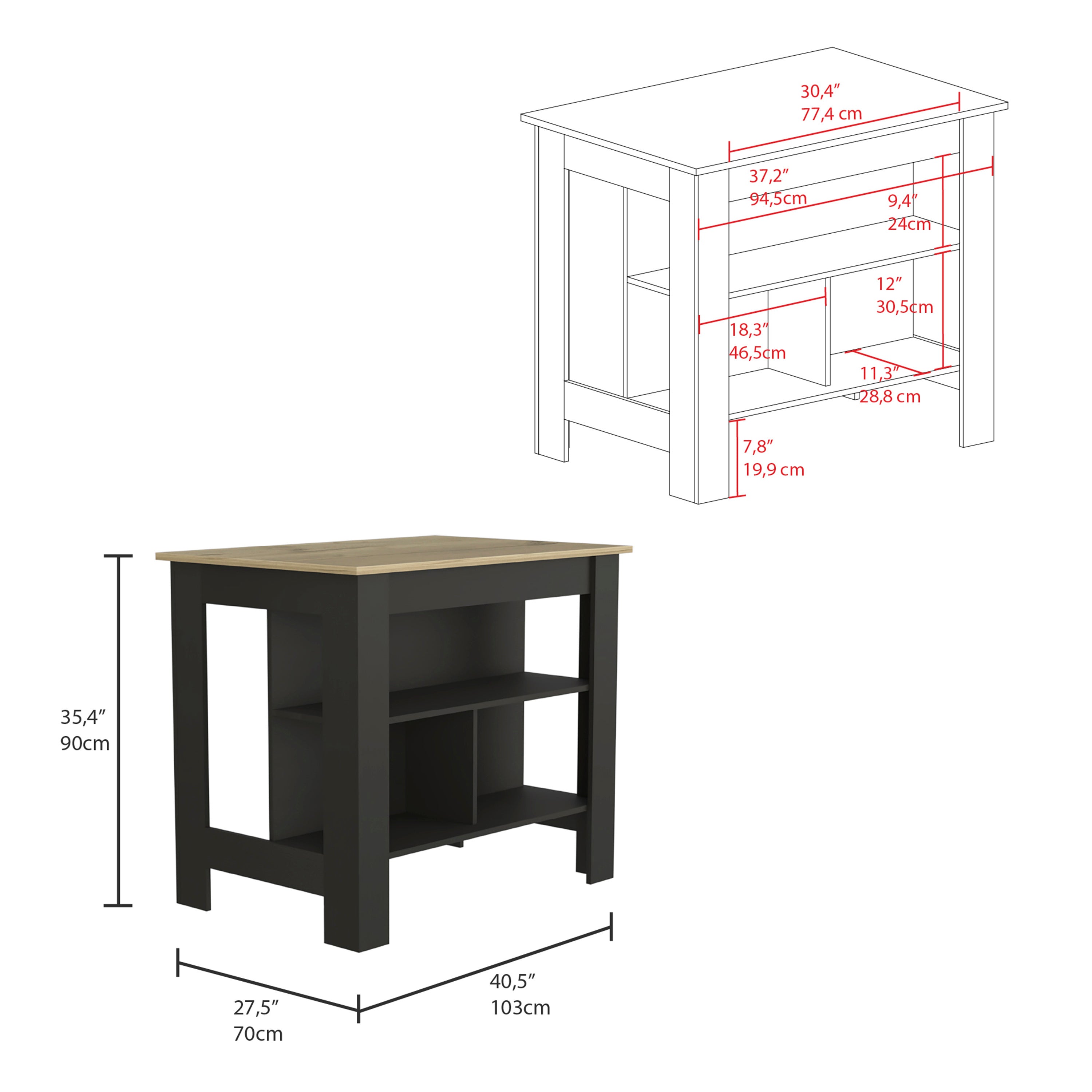 Cala Kitchen Island, Four Legs, Three Shelves  -Black / Light Oak