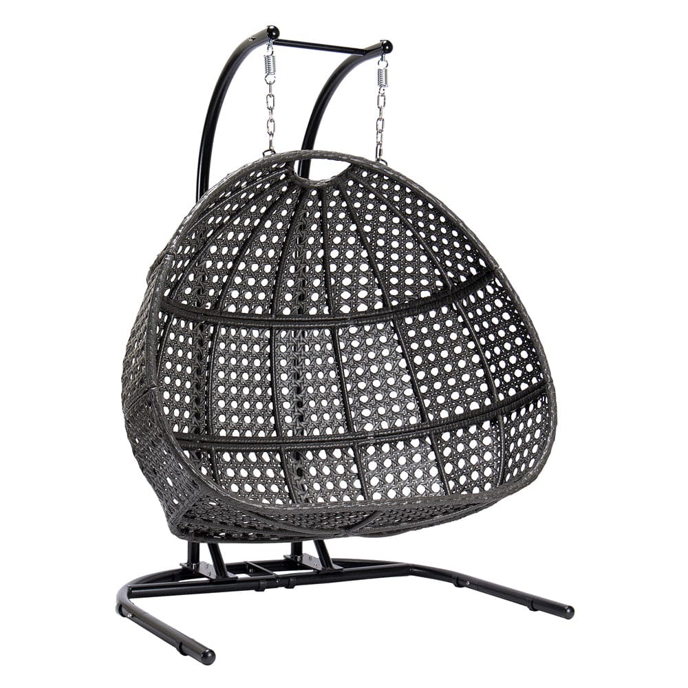 Charcoal Wicker Hanging Double-Seat Swing Chair with Stand w/Dust Blue Cushion