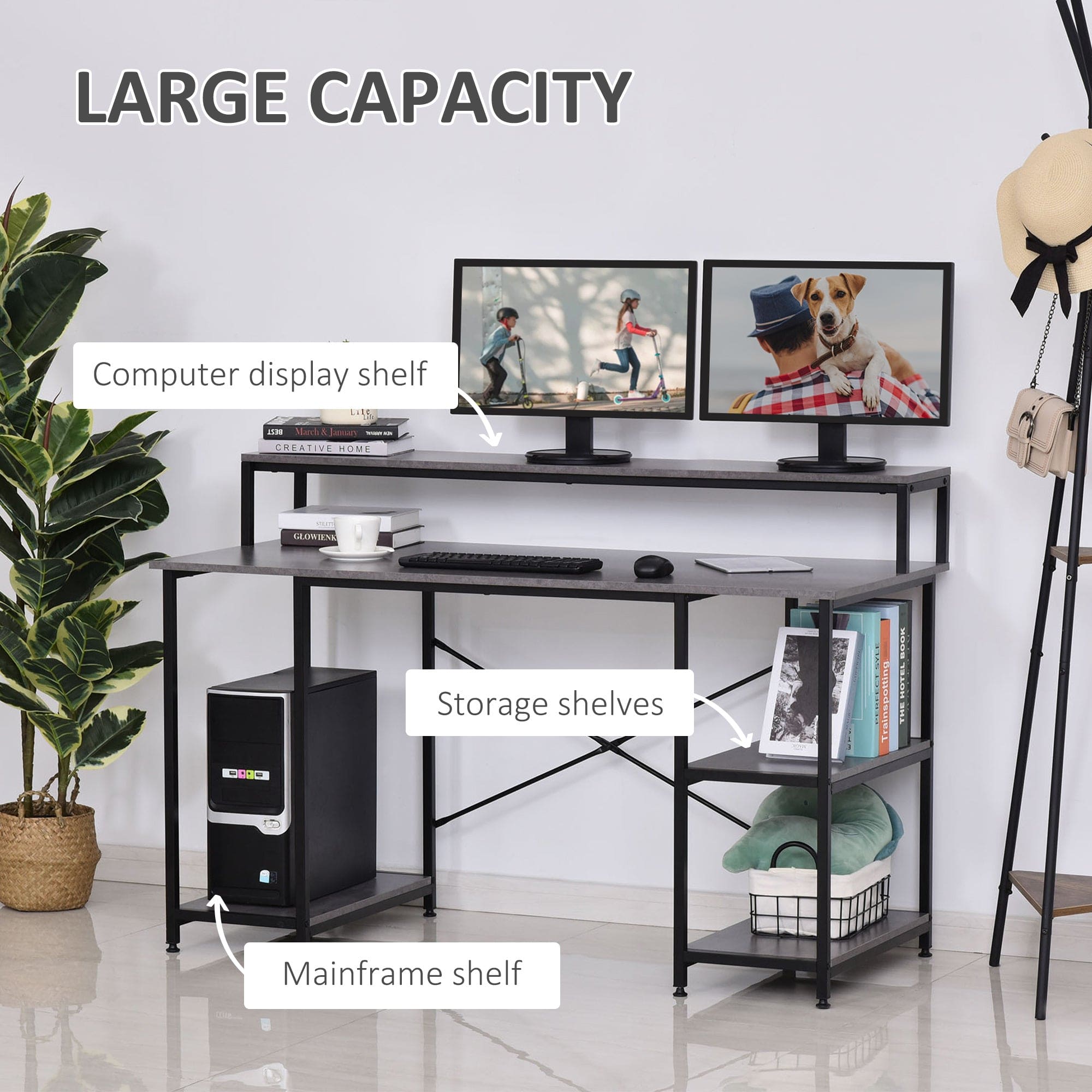 HOMCOM 55 Inch Home Office Computer Desk Study Writing Workstation with Storage Shelves, Elevated Monitor Shelf, CPU Stand, Durable X-Shaped Construction, Grey Wood Grain