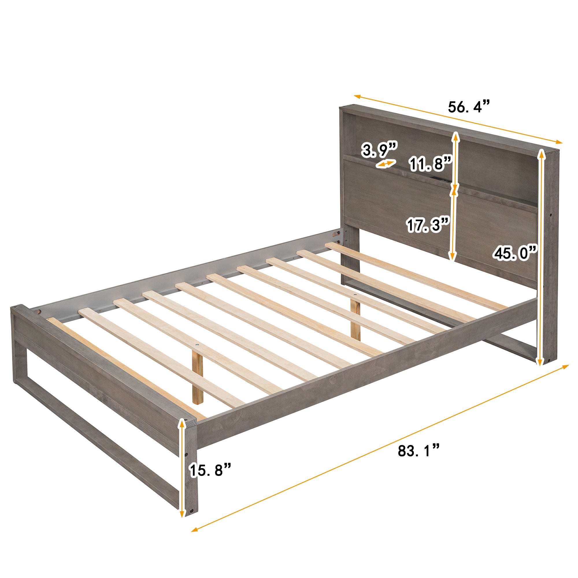 Platform Bed with Storage Headboard,Sockets and USB Ports,Full Size Platform Bed,Antique Gray