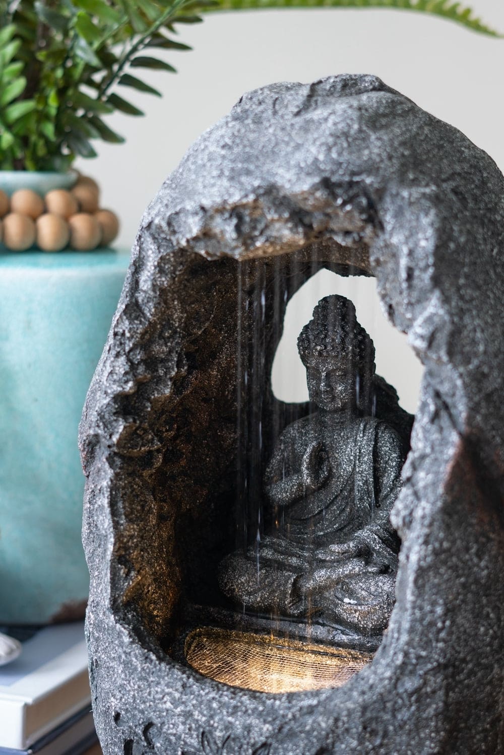 8.3x5.9x13.6" Decorative Gray Tabletop Water Fountain with Sitting Buddha and LED Light, for Indoor Outdoor