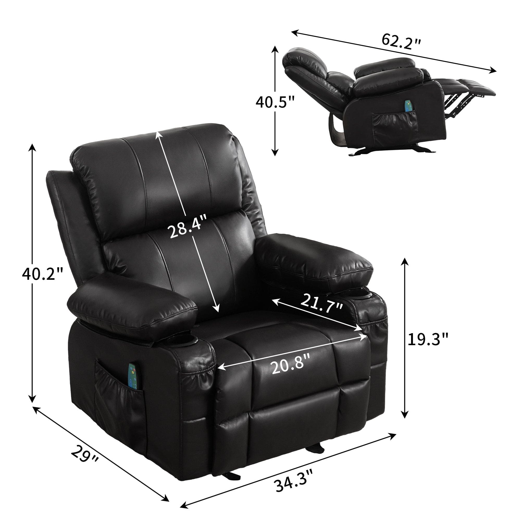 Vanbow.Recliner Chair Rocking Chairs for Adults Oversized with 2 Cup Holders, USB Charge Port Soft Features a Manual Massage and Heat.BLACK