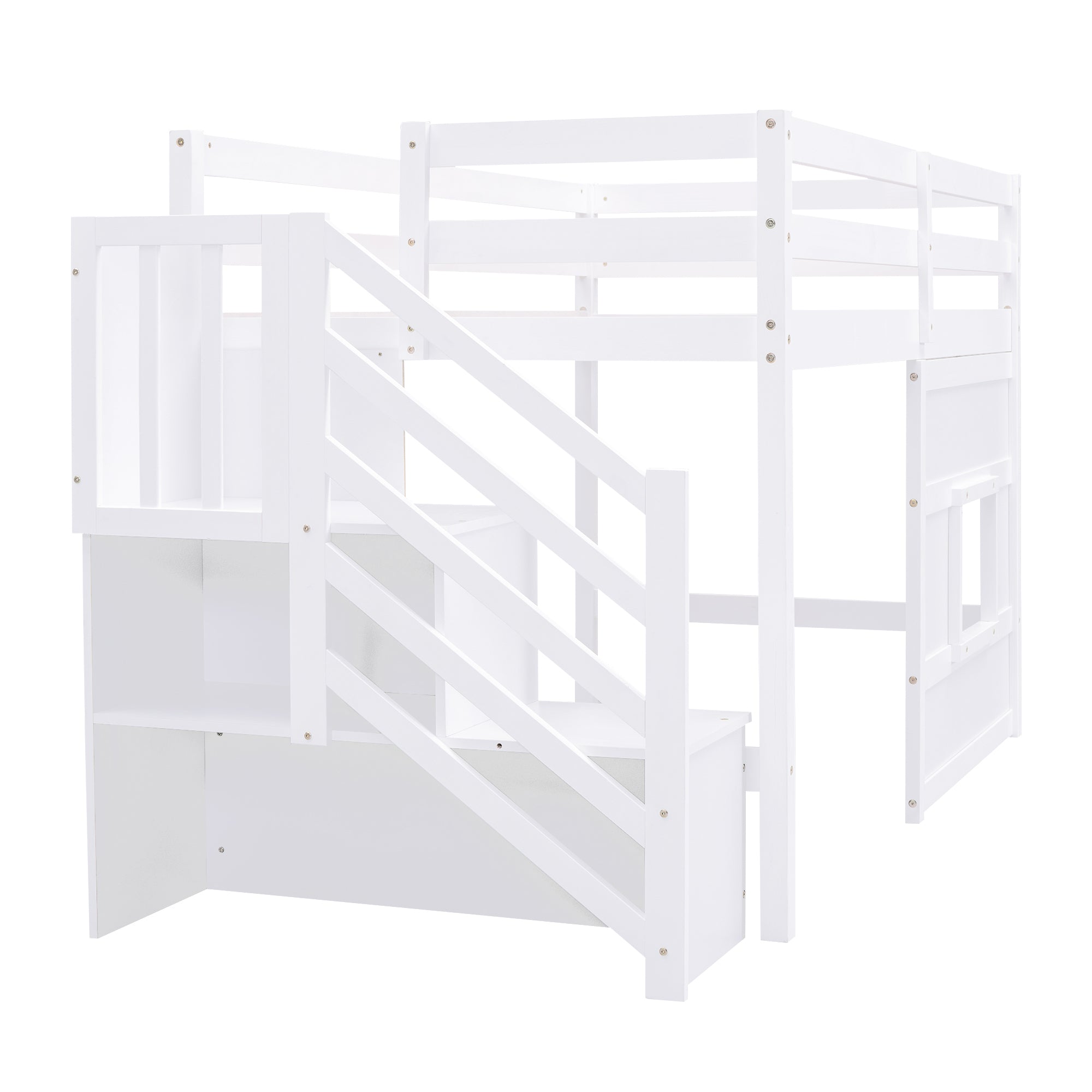 Twin Size Loft Bed with Storage Staircase and Window, White