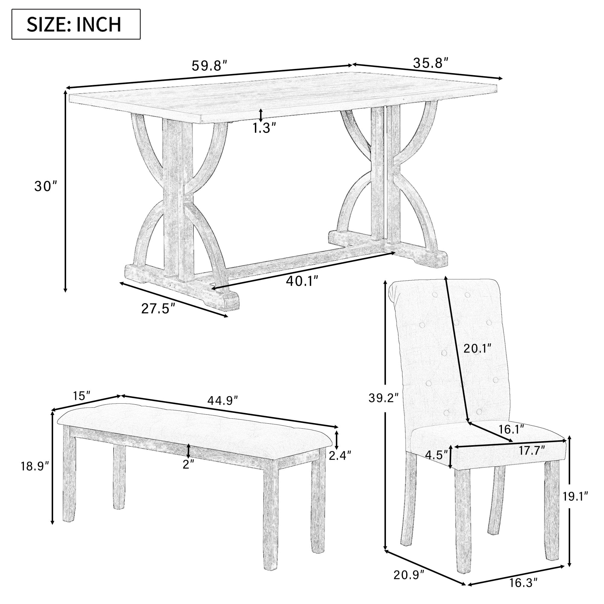 TREXM 6-Piece Retro Rectangular Dining Table Set, Table with Unique Legs and 4 Upholstered Chairs & 1 Bench for Dining Room and Kitchen (Gray Wash)