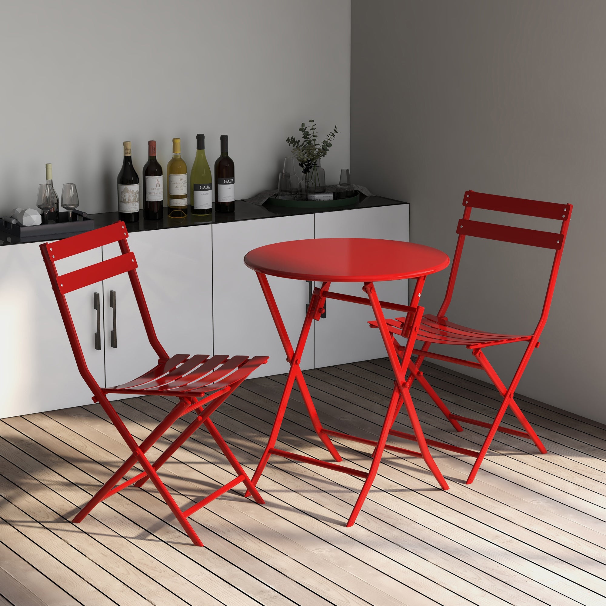 3 Piece Patio Bistro Set of Foldable Round Table and Chairs, Red